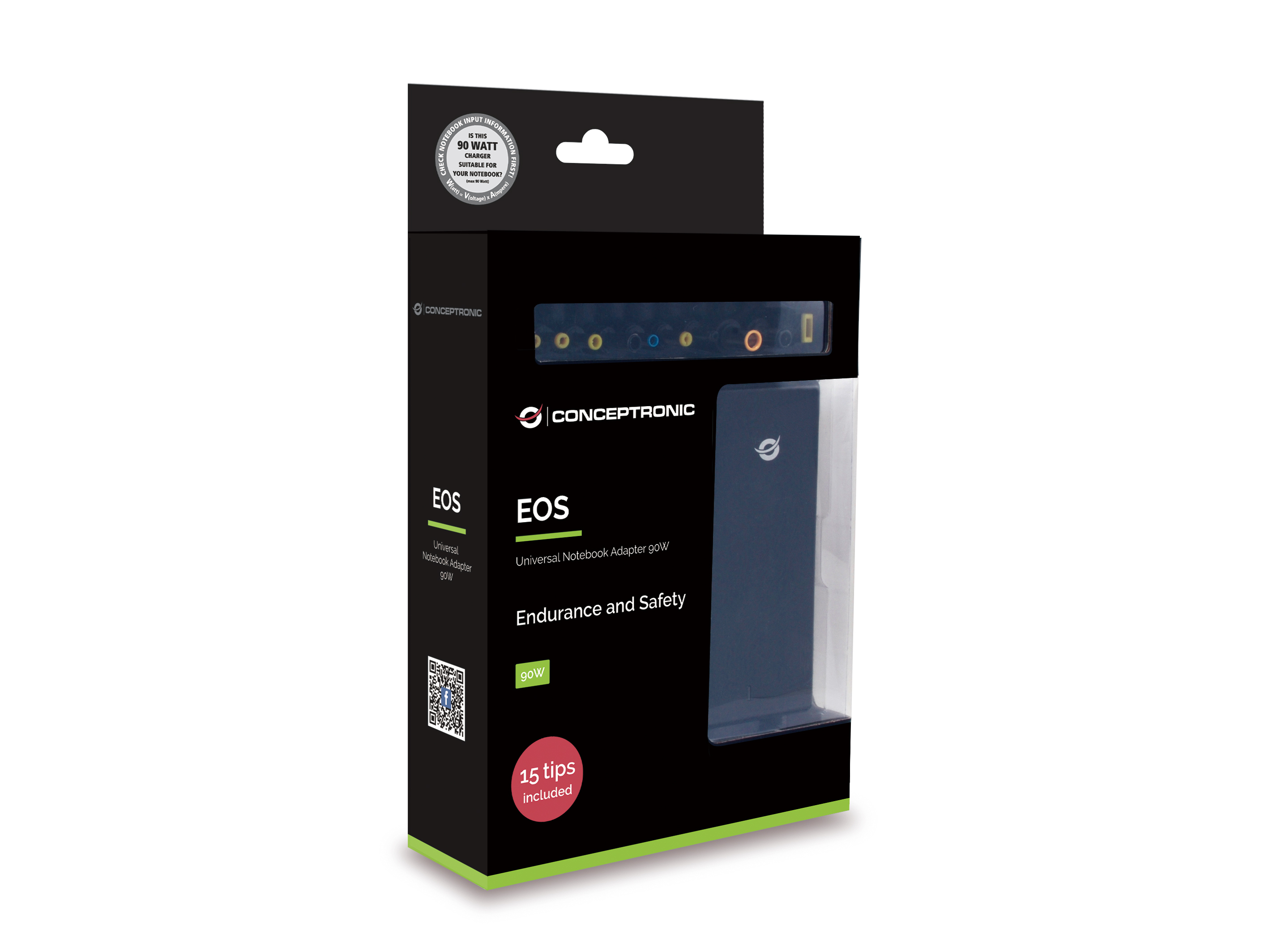 Adaptador para portátil en caja con marca. Es negro y tiene una ventana transparente con el adaptador visible.