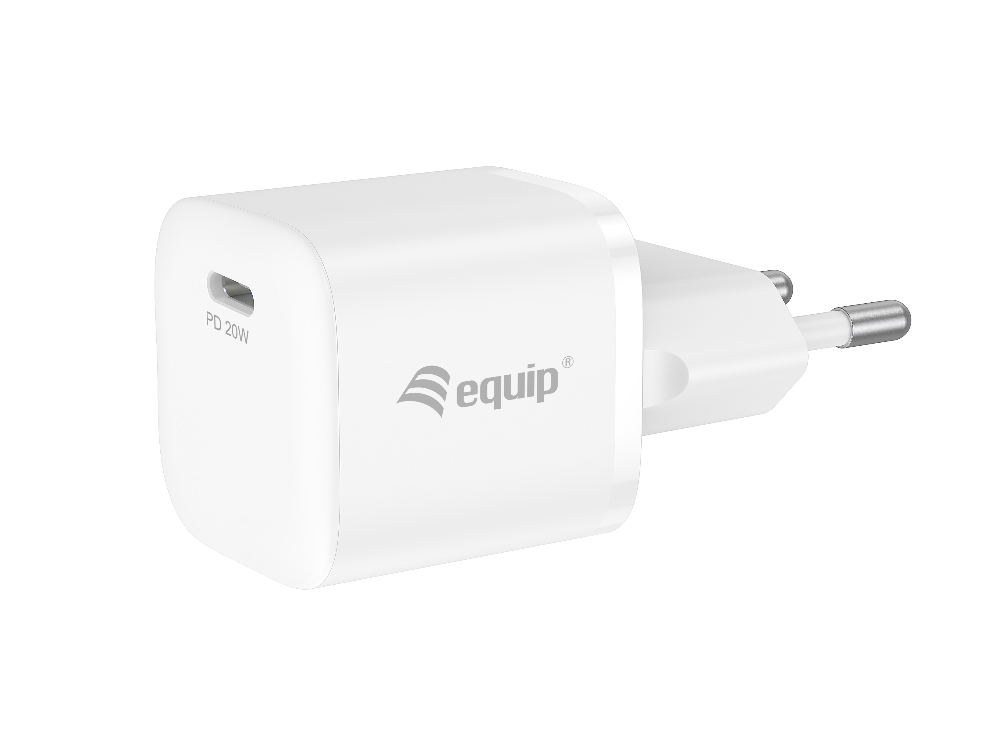 Un cargador equip PD 20W blanco con enchufe. Tiene un puerto USB-C y el logotipo de equip.