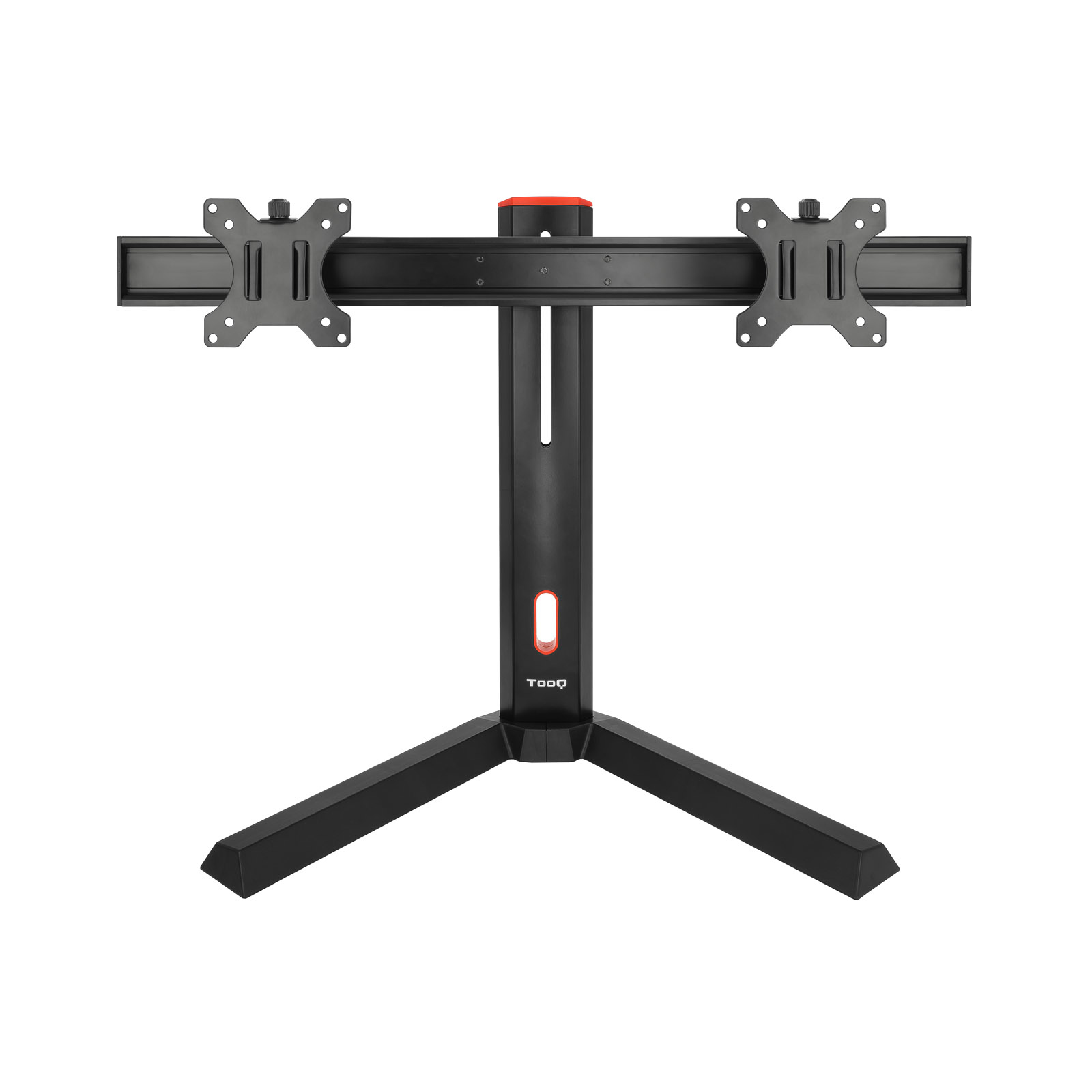 Un soporte negro para dos monitores sobre fondo blanco. Tiene forma de T con detalles rojos.
