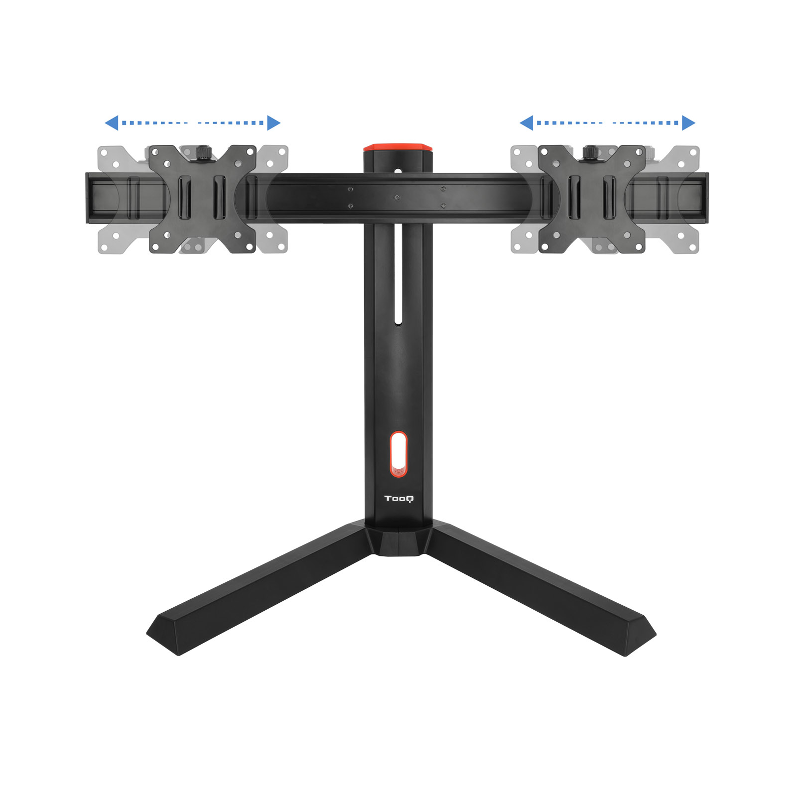 Un soporte negro para monitor dual con brazos ajustables. El soporte tiene un acento rojo en la parte superior y una base. El fondo es blanco.