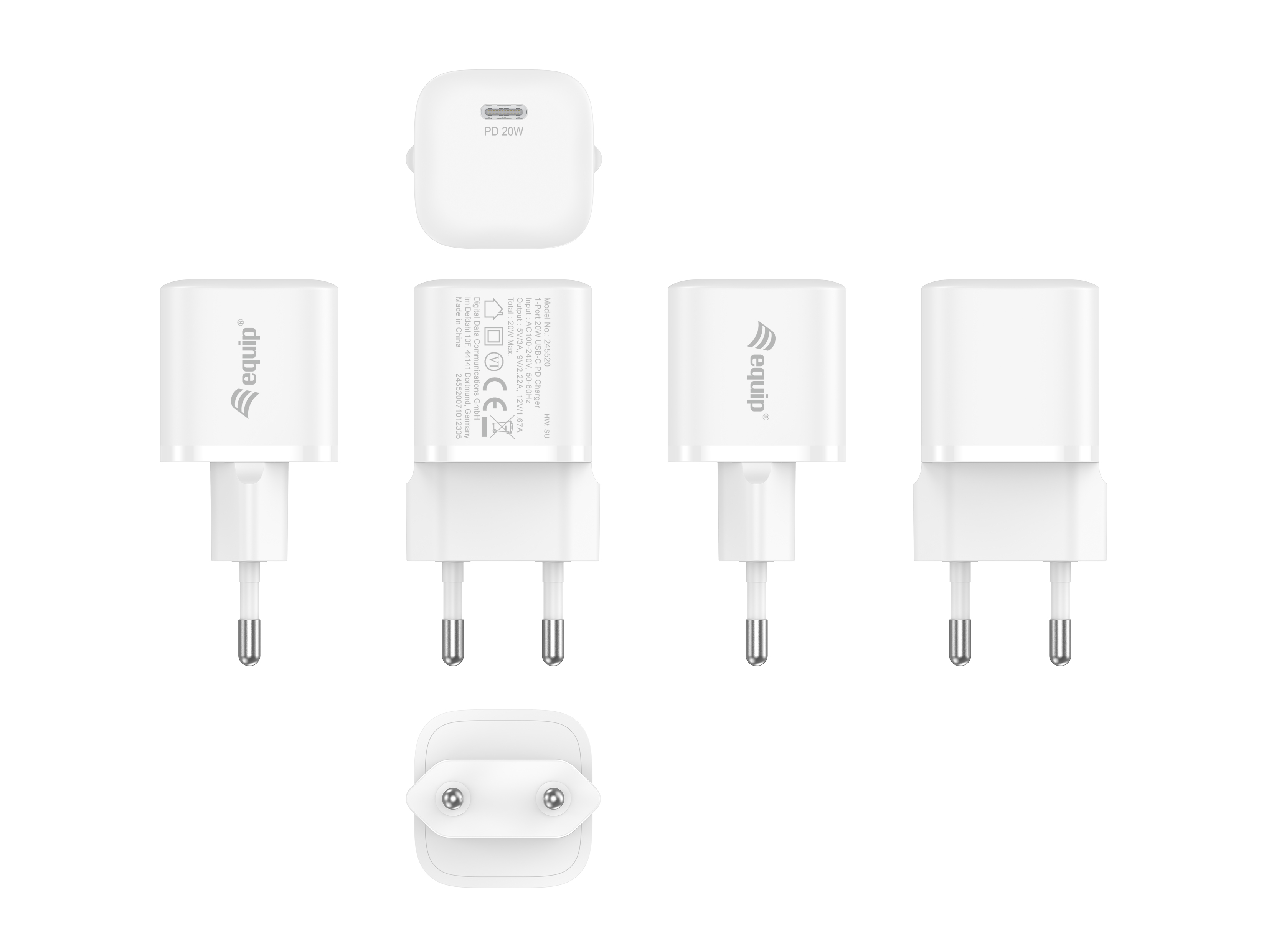 Adaptadores de corriente blancos con logotipos. Vista superior de un adaptador de puerto USB-C. Los enchufes son visibles.