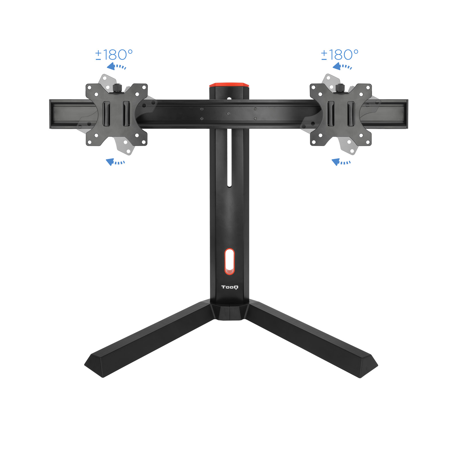 Un soporte de monitor negro con dos brazos, cada uno con un soporte. Las flechas indican una rotación de 180 grados. La base es un trípode.