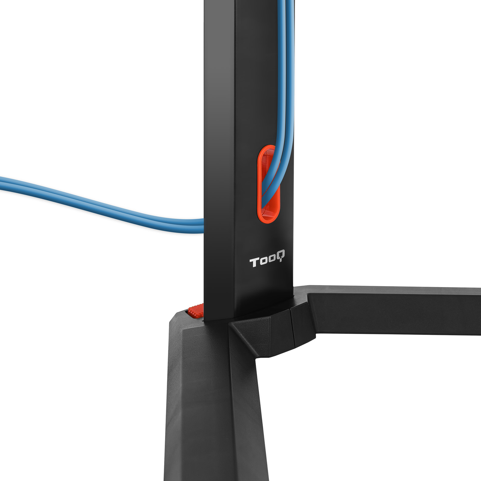 Soporte negro con cables azules, detalles en naranja y la marca 'Tooq'. Se ve una esquina del soporte.