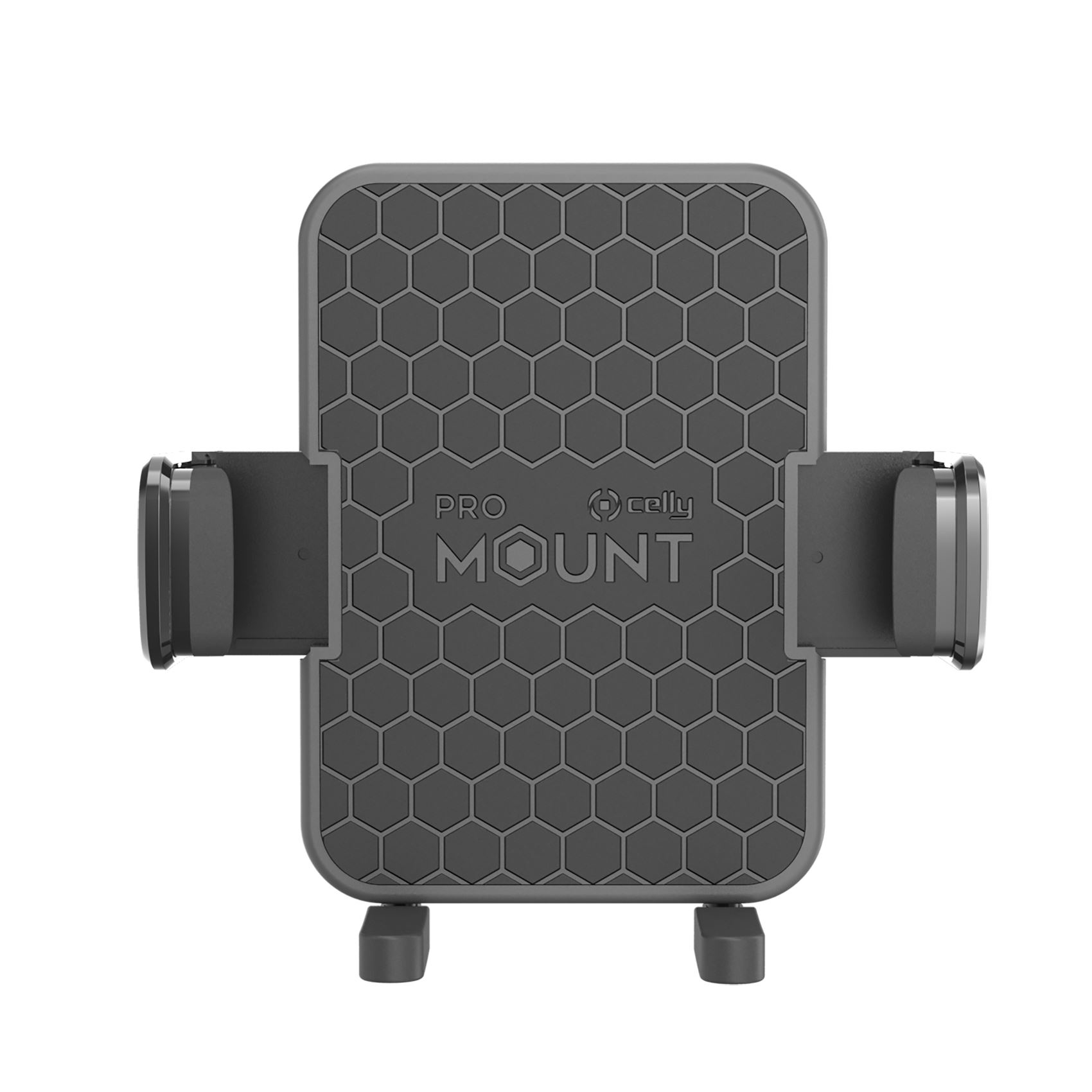 Un soporte gris para teléfono con patrón de panal y el texto 'PRO MOUNT'.