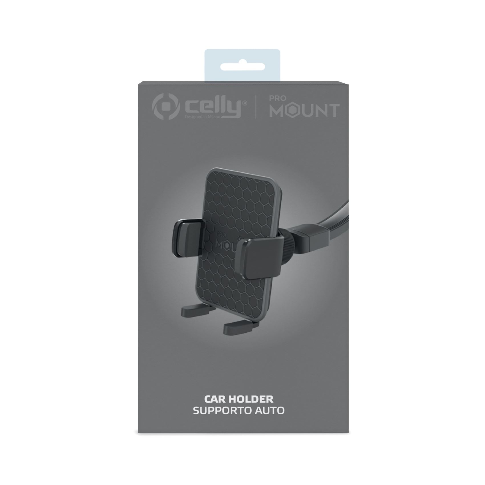 Soporte para teléfono de coche sobre fondo gris. Es un Celly Pro Mount con el texto 'Car Holder' abajo.