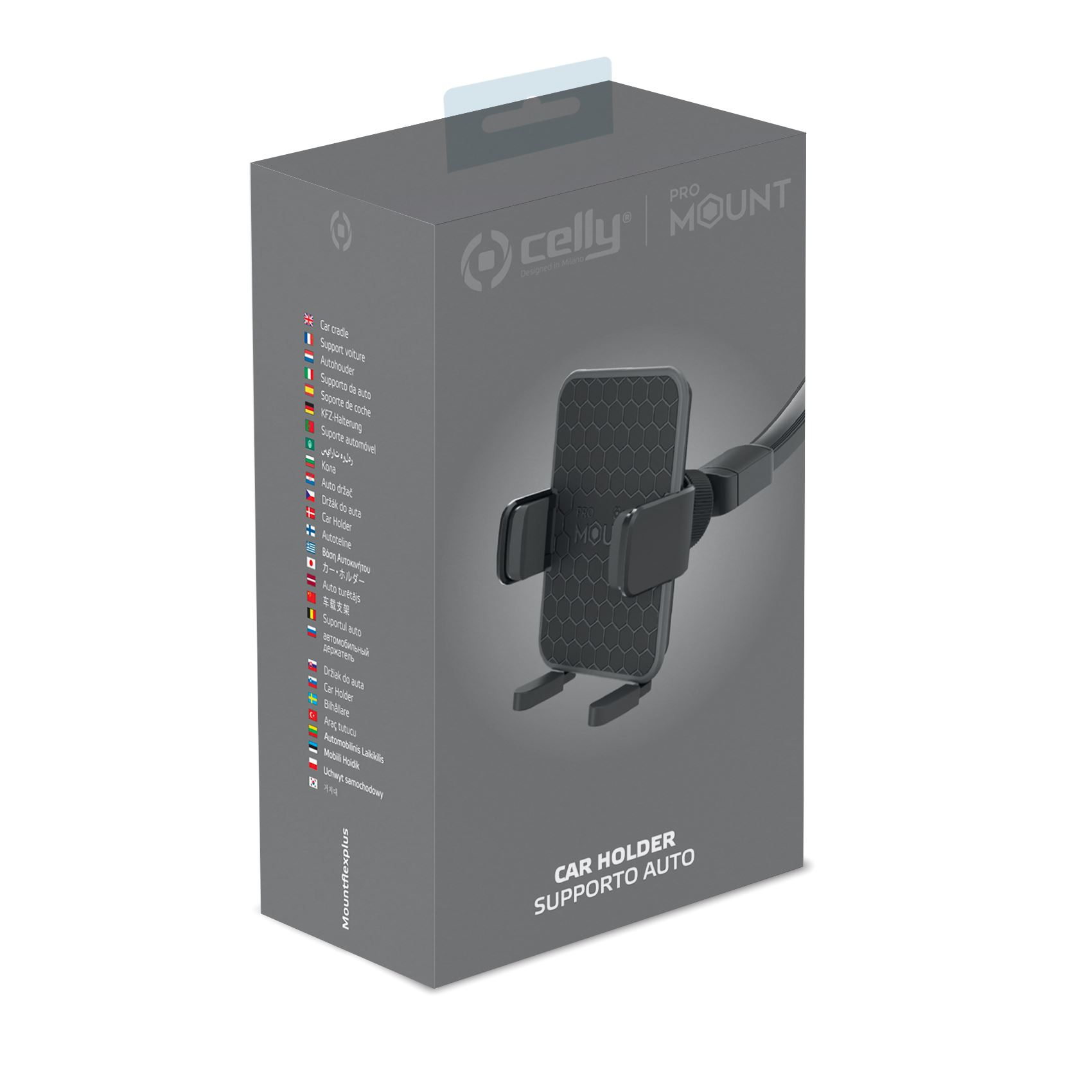 Un soporte para teléfono de coche se muestra en su caja. La caja es gris y tiene la marca Celly Mount.