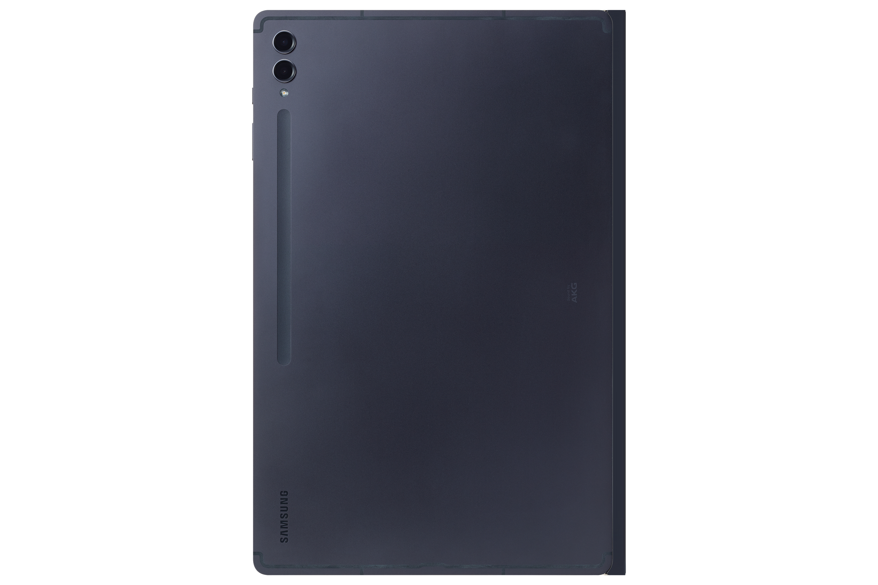 È mostrato un tablet Samsung blu scuro. Ha due fotocamere, uno slot per la penna e i loghi Samsung e AKG.