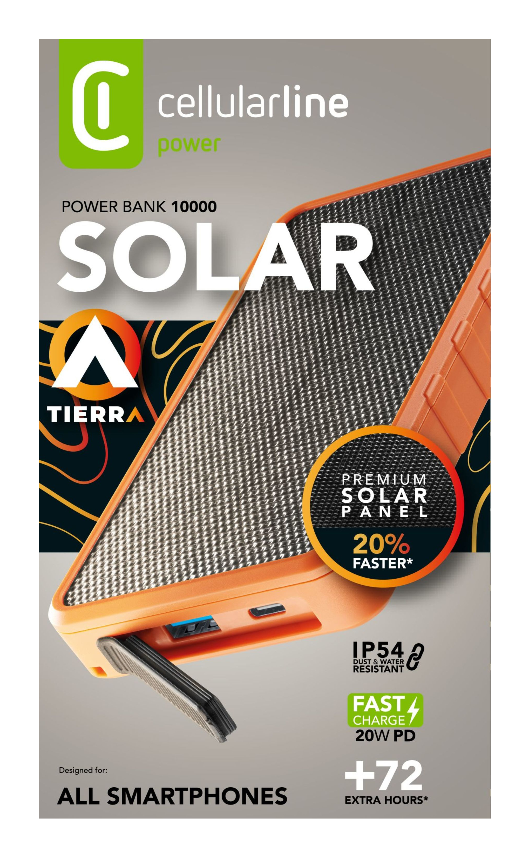 Une batterie solaire orange avec une texture en fibre de carbone et une marque. Le texte dit 'SOLAR' et 'POWER BANK'.