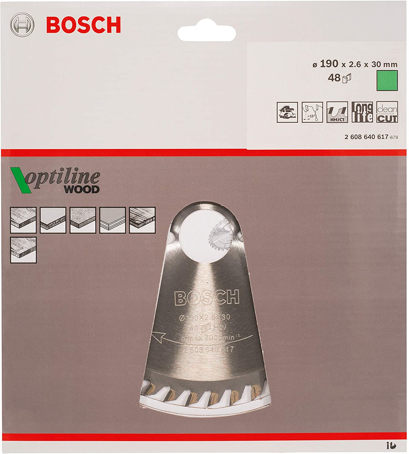 Ein Bosch Optiline Holzsägeblatt. Die Verpackung zeigt Produktdetails, ein Sägeblatt und das Bosch-Logo.