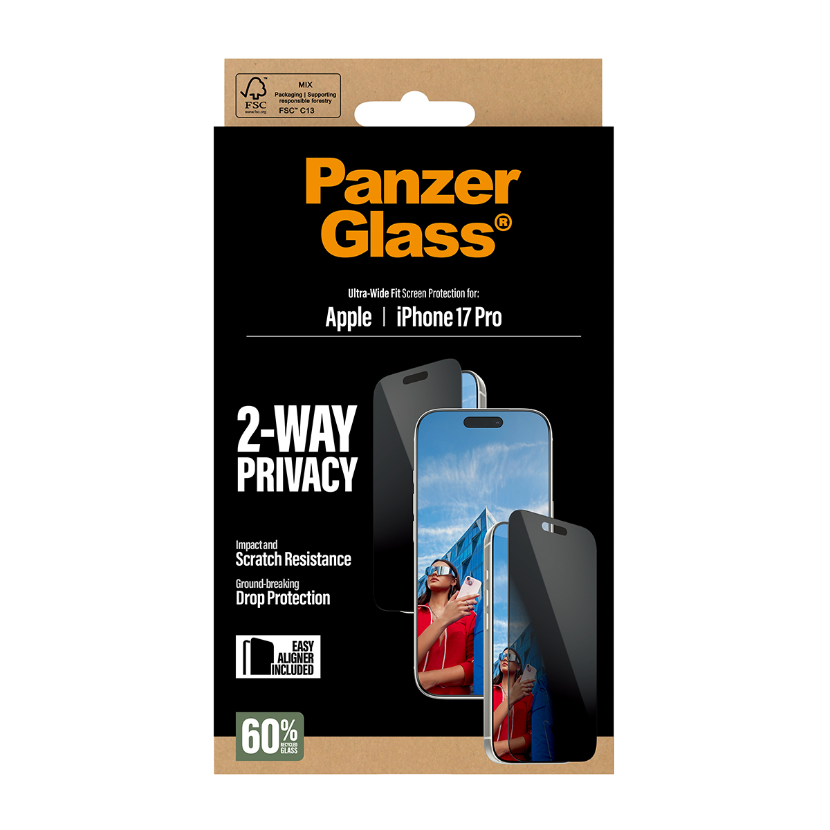PanzerGlass iPhone ekran koruyucu ambalajı. 2 yönlü gizlilik, darbe ve çizilme direnci ve düşme koruması özellikleri içerir.