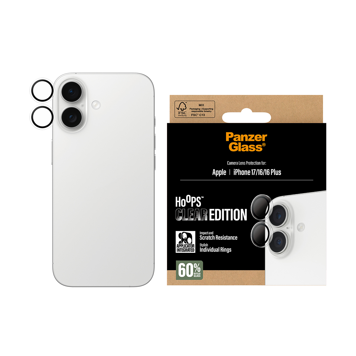 A white iPhone with camera lens protectors. Panzer Glass packaging on the right side. The packaging says 'Hoops Clear Edition'.