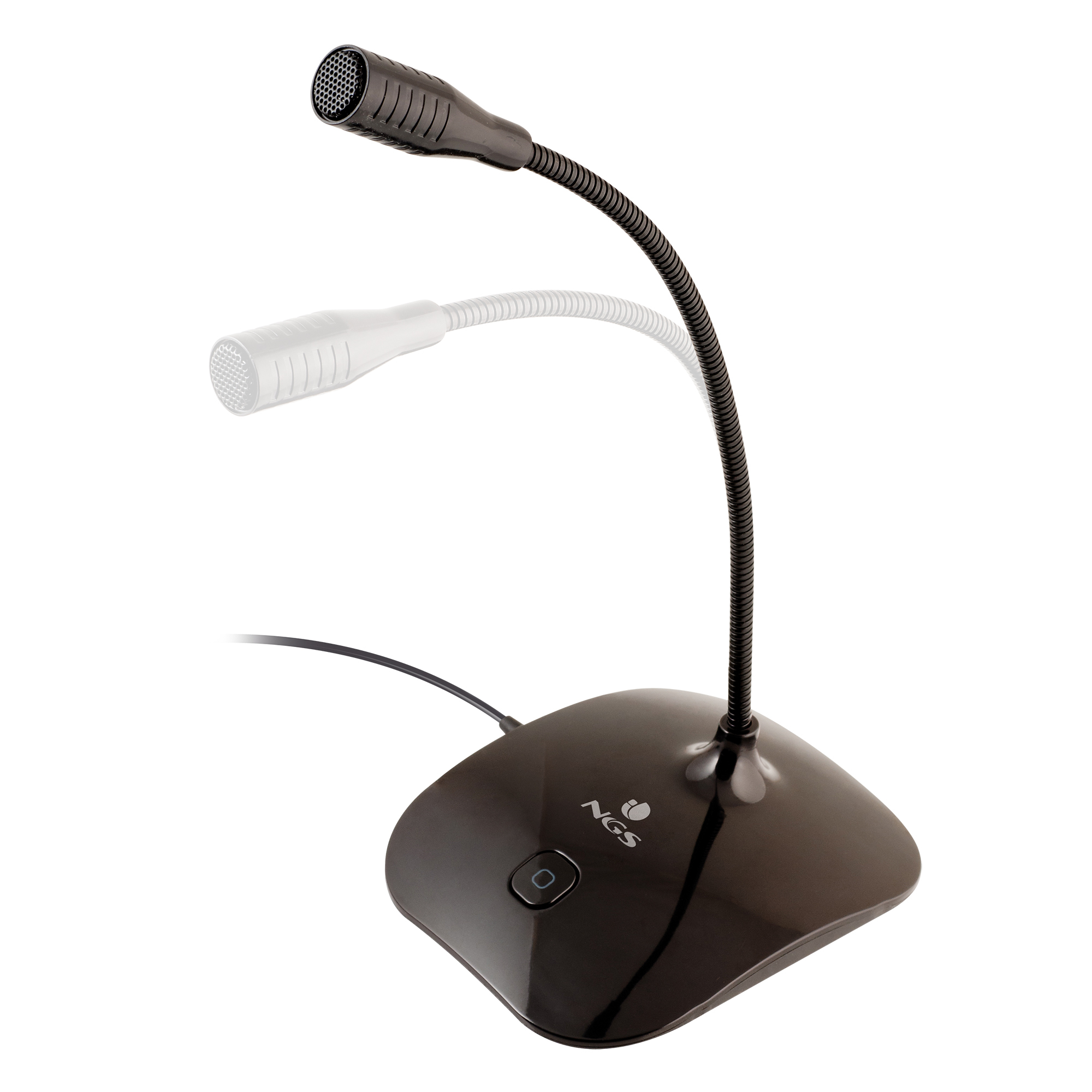 Czarny mikrofon z elastyczną szyjką i okrągłą podstawą. Za nim widoczny jest duch mikrofonu.