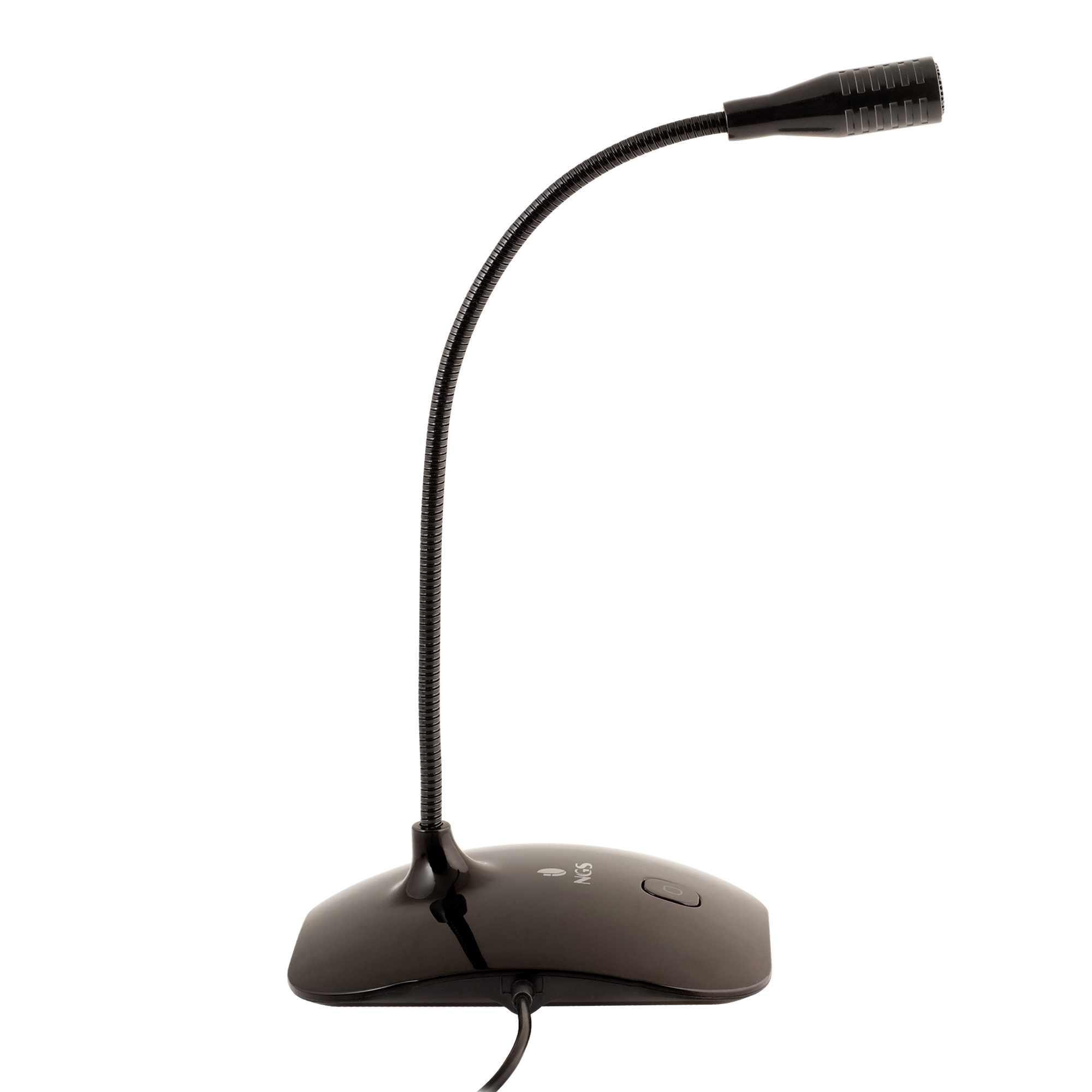 Czarny mikrofon z elastyczną szyją stoi na czarnej podstawie. Tło jest białe.