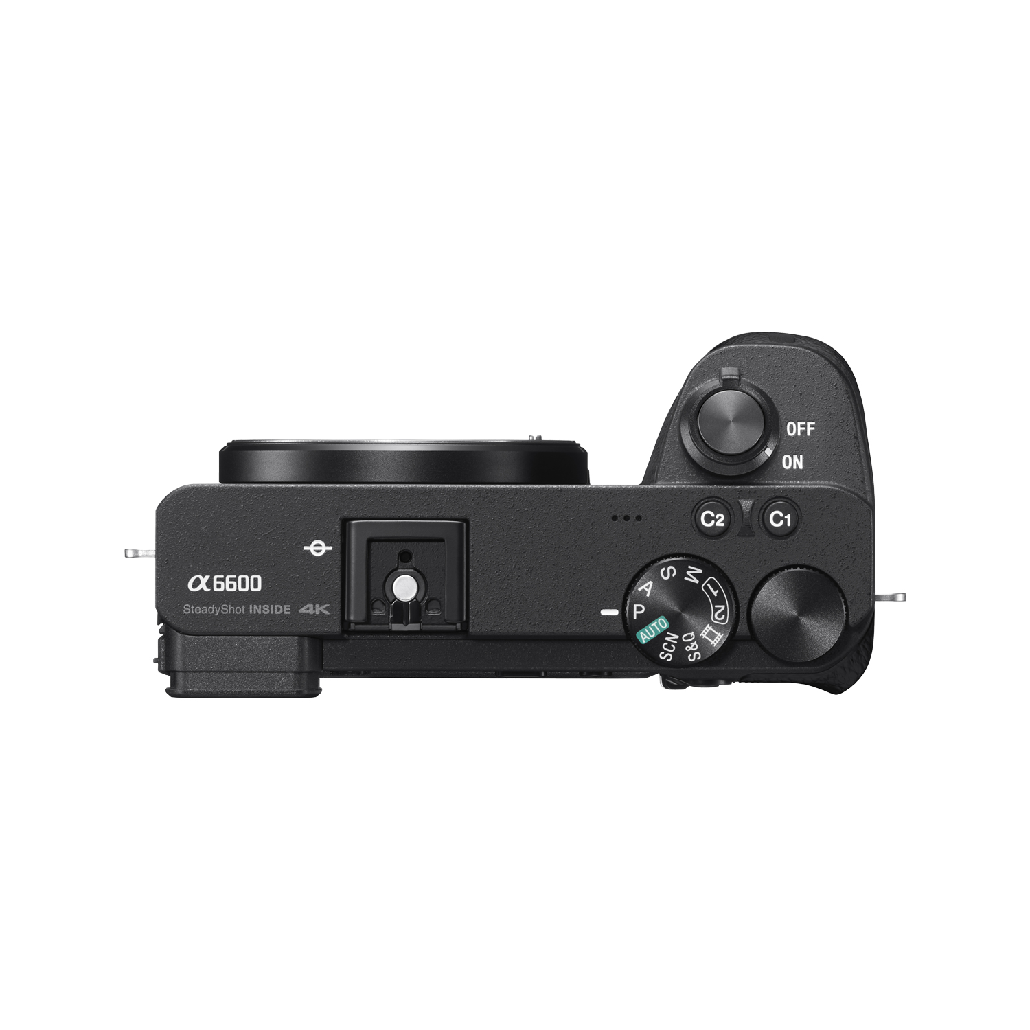 Top view of a black Sony Alpha 6600 camera. Includes dials, buttons, and mode selectors. Shows 'OFF', 'ON', '4K', and 'SteadyShot'.