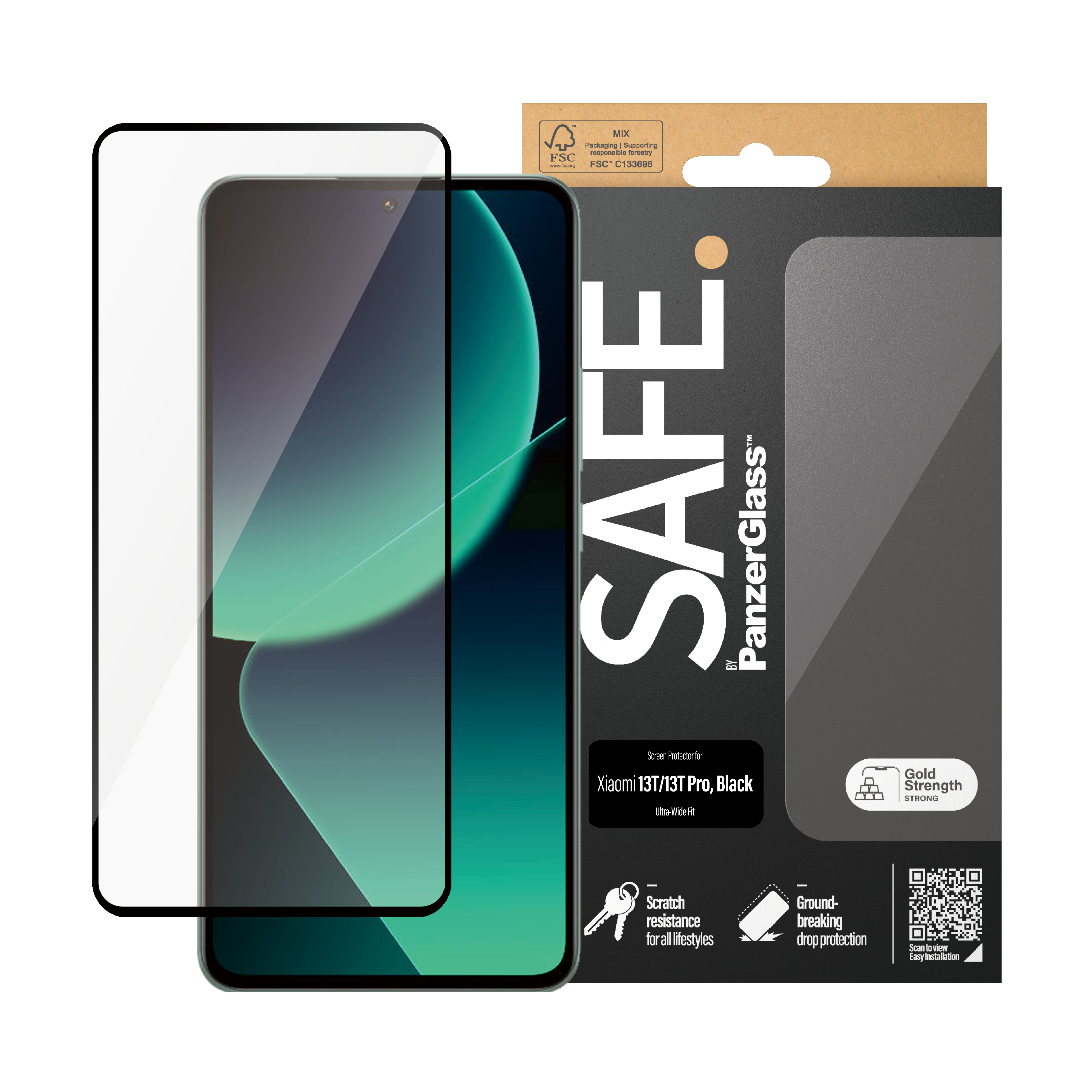 Una scatola per protezione schermo e un protettore. La scatola dice SAFE e PanzerGlass. Il protettore è su un telefono.