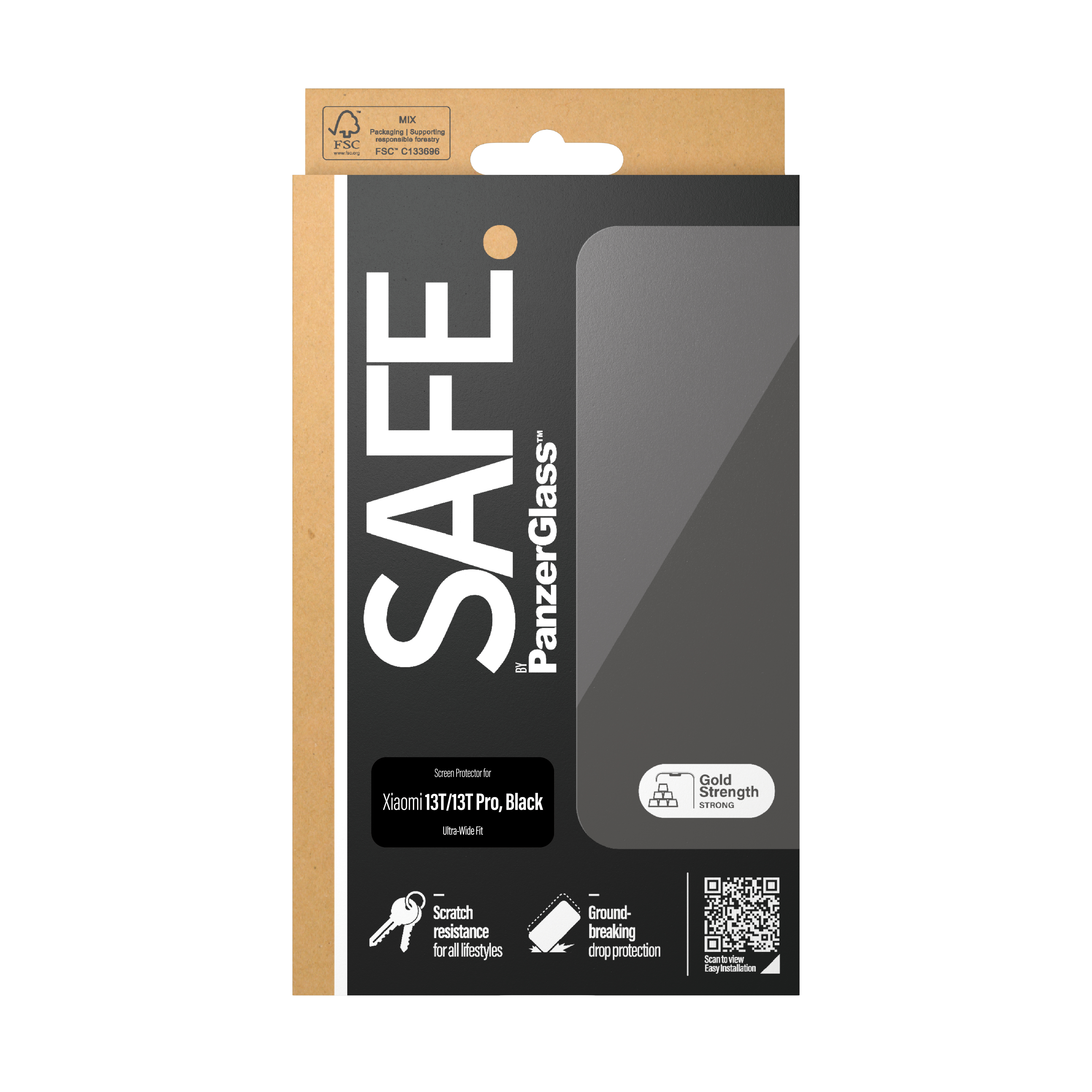Confezione per protezione schermo. Nero e grigio con testo 'SAFE' e 'PanzerGlass'. Dice 'Xiaomi 13T/13T Pro, Black'.