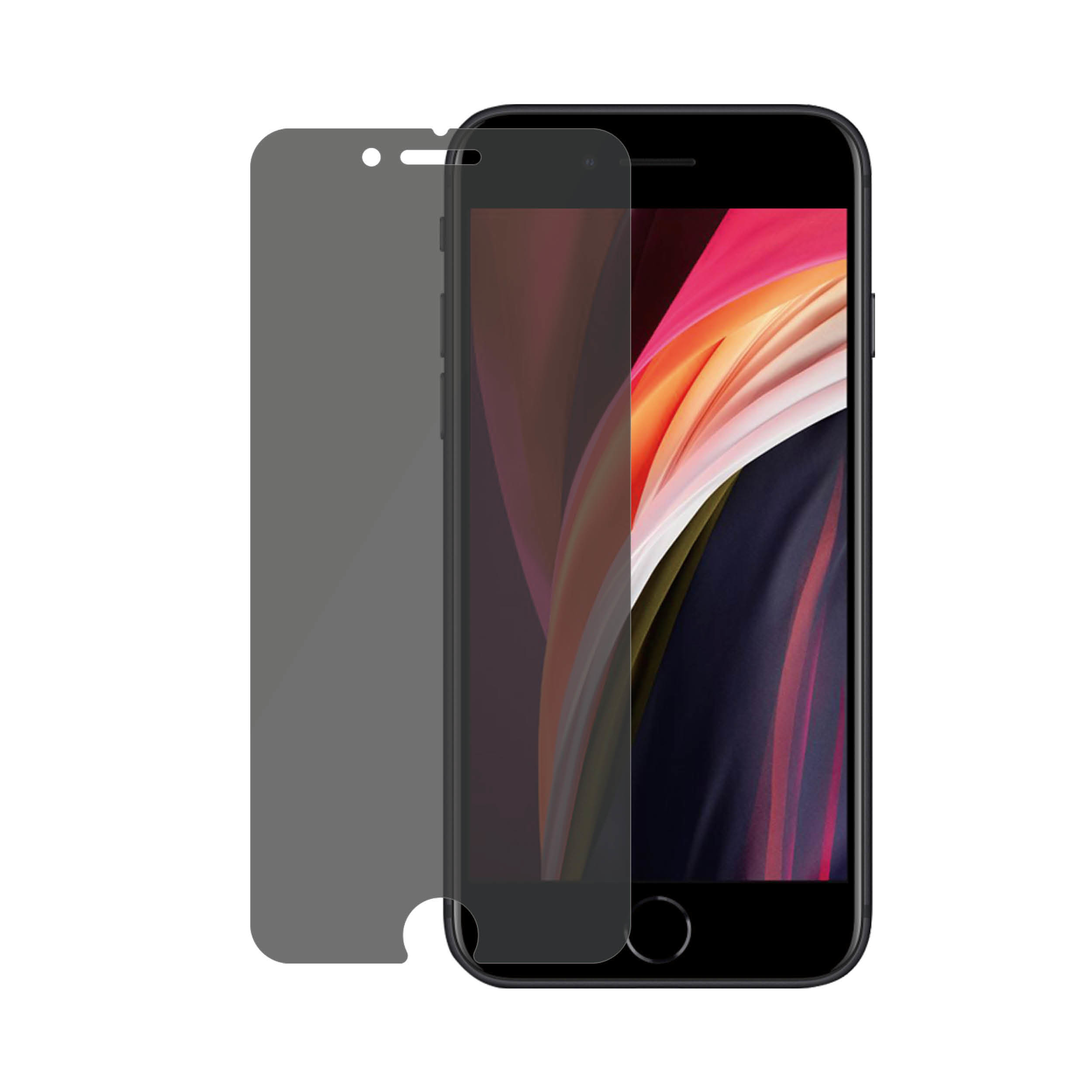 Czarny smartfon z osłoną ekranu. Ekran wyświetla kolorową sztukę abstrakcyjną. Białe tło.