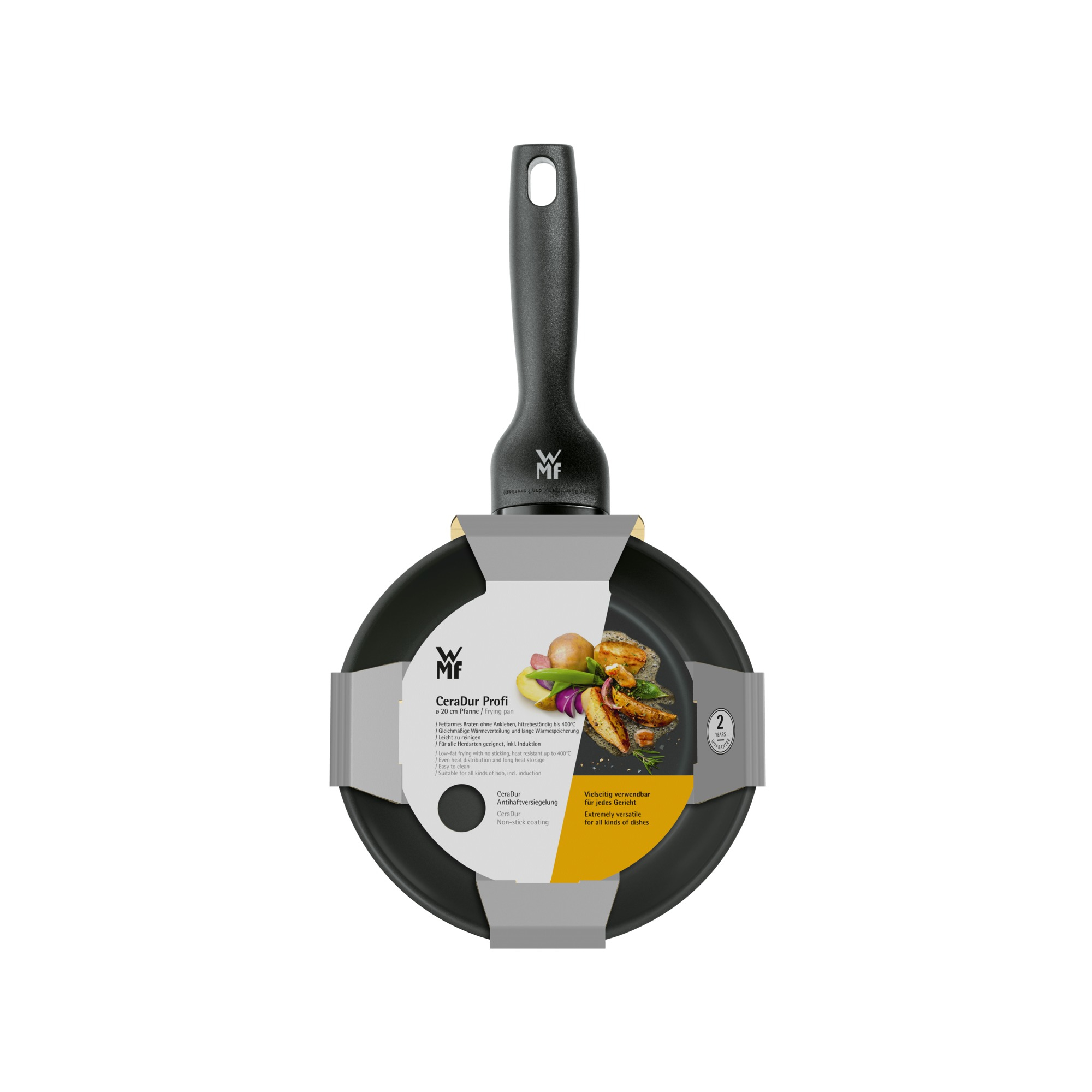 Eine schwarze Bratpfanne mit schwarzem Griff, Produktetikett und einige Lebensmittelillustrationen.