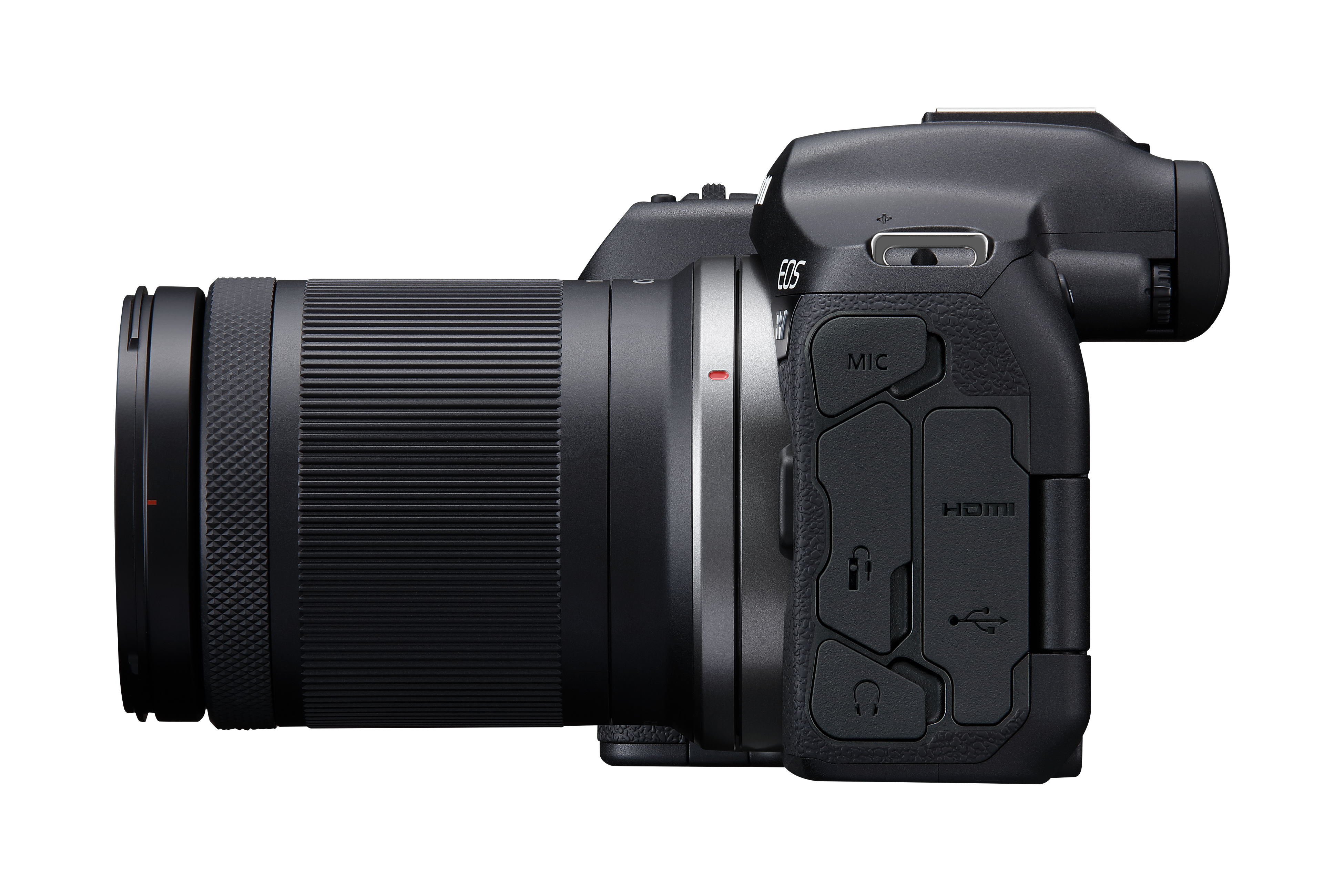 Eine schwarze Canon EOS-Kamera mit Objektiv. Die Kamera befindet sich auf weißem Hintergrund, von der Seite betrachtet.