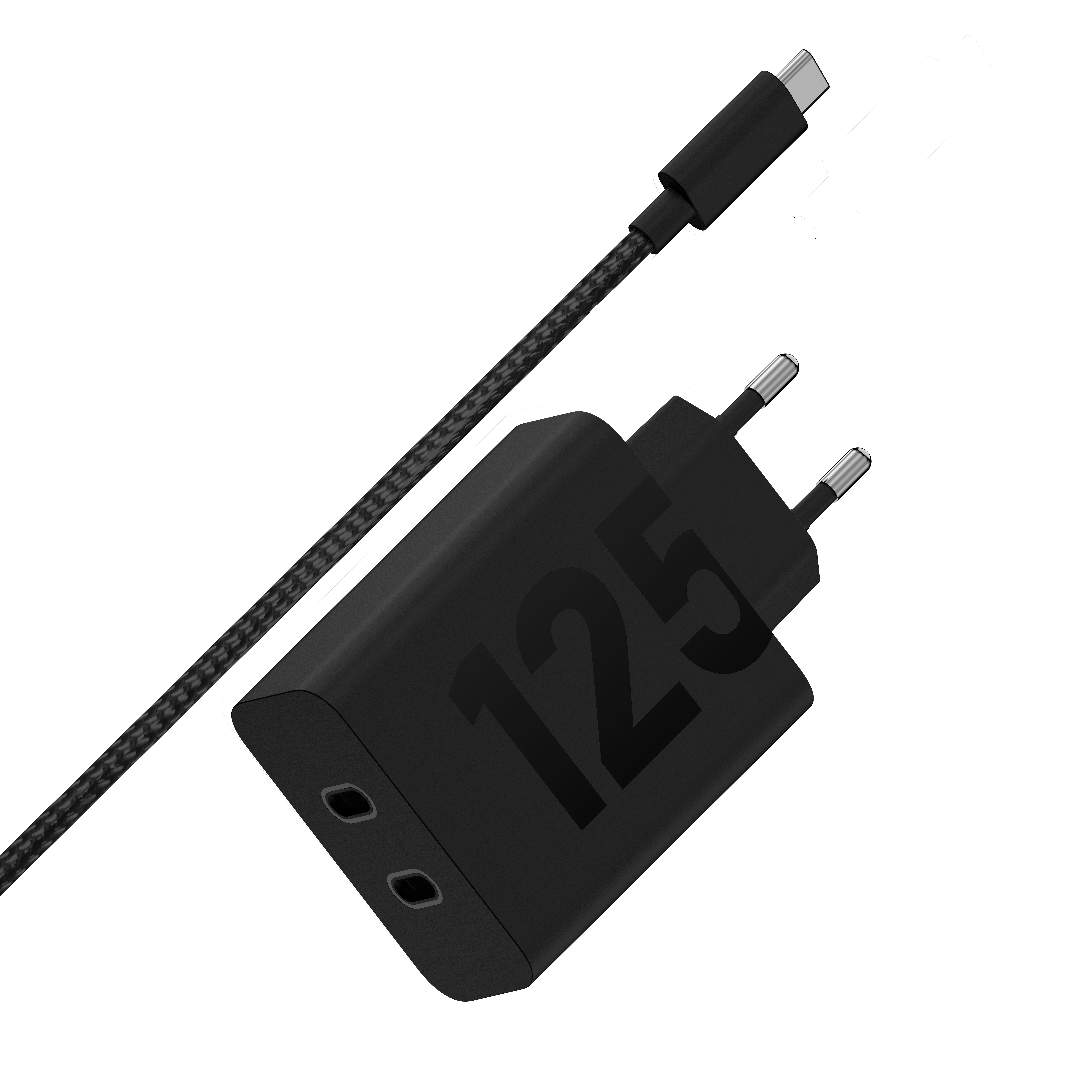 Chargeur de téléphone noir avec câble USB-C. Le chargeur porte le numéro 125. Fond blanc.