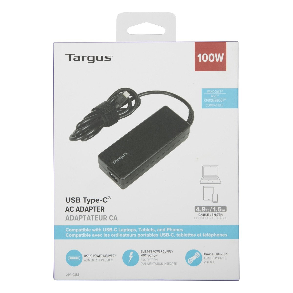 Un adattatore CA USB Type-C Targus nella confezione. È nero con un cavo nero. Il testo include "100W" e informazioni sulla compatibilità.