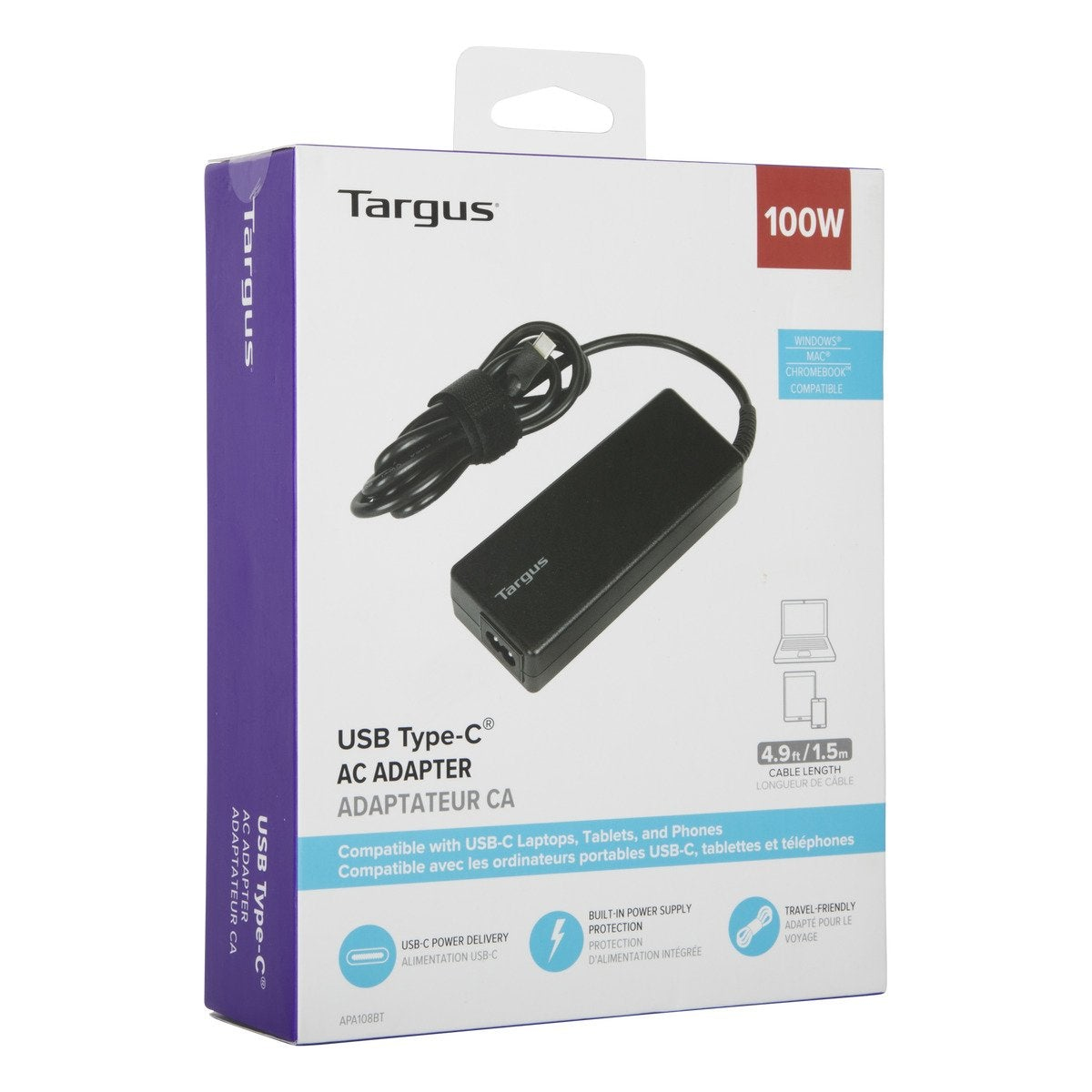 Un adattatore CA Targus USB Type-C nella confezione. La scatola è bianca e viola con i dettagli del prodotto e un'etichetta da 100W.