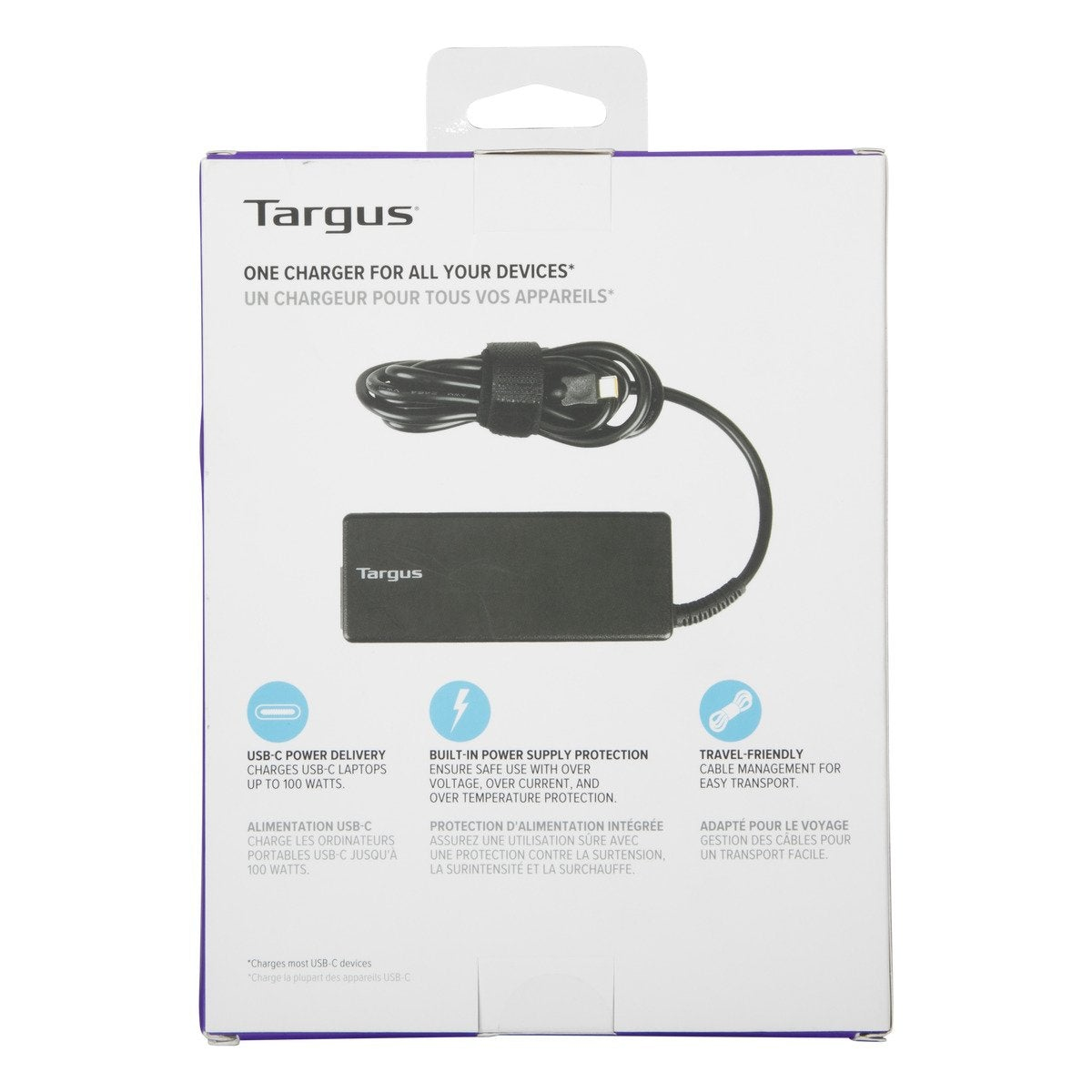 Una scatola del caricabatterie Targus. Ha un caricabatterie nero con cavo e cinturino in velcro. Testo in inglese e francese.