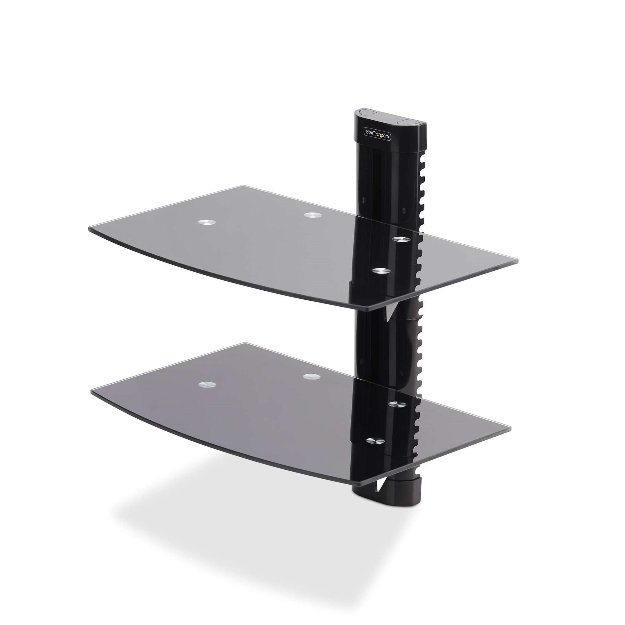 Ein zweistöckiges Regal aus schwarzem Glas mit einer schwarzen Stützsäule. Das StarTech.com-Logo ist sichtbar.