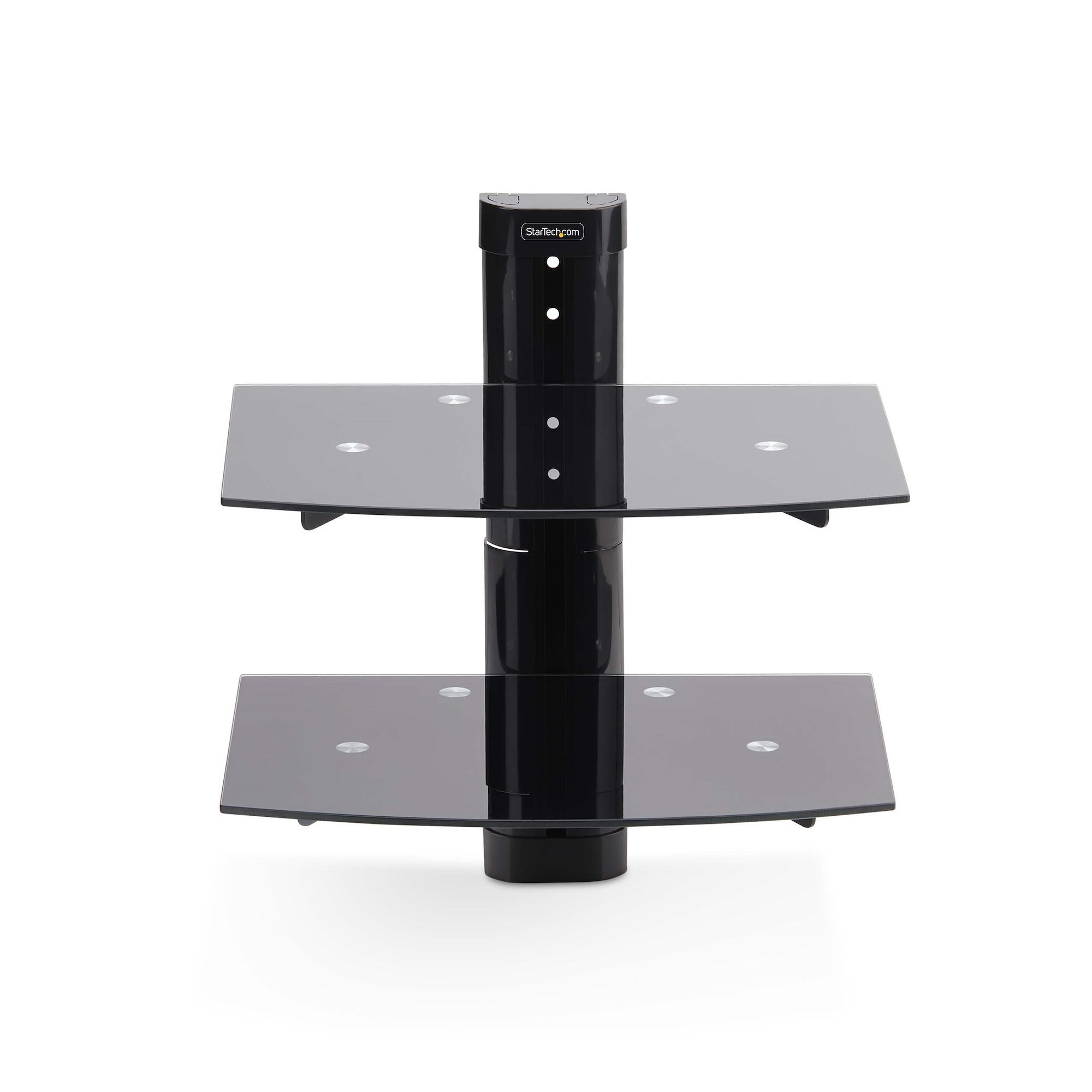 Schwarzes TV-Regal aus Glas mit zwei Ebenen und einer zentralen Stütze. Der Hintergrund ist weiß.