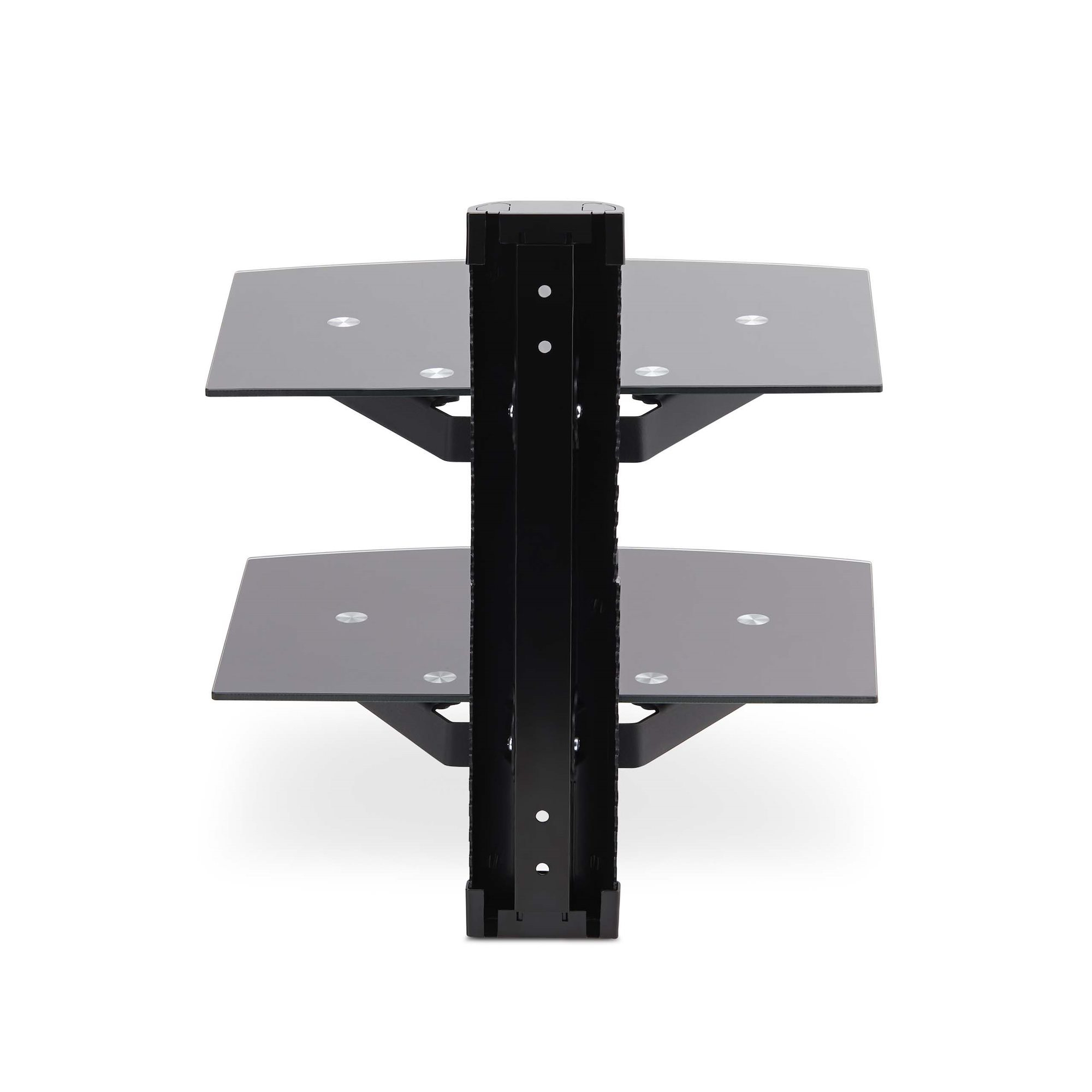 Ein zweistöckiges schwarzes Regal mit Glasböden. Der Hintergrund ist weiß. Es besteht aus Metall und Glas.