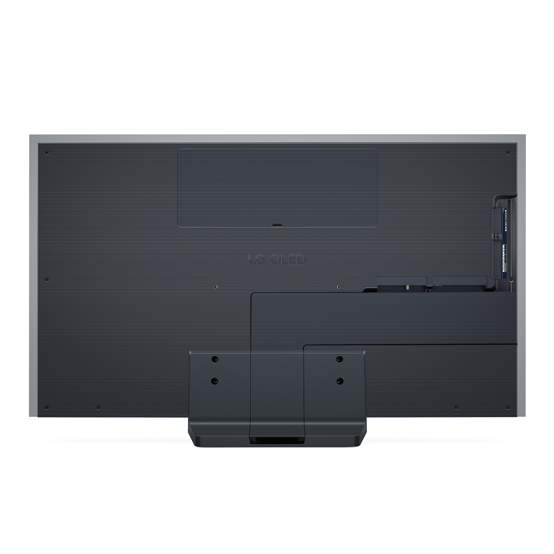 Rückansicht eines LG OLED-Fernsehers. Mit dunkelgrauer Rückwand, LG OLED-Logo und silbernem Rahmen. Inklusive Ständer.