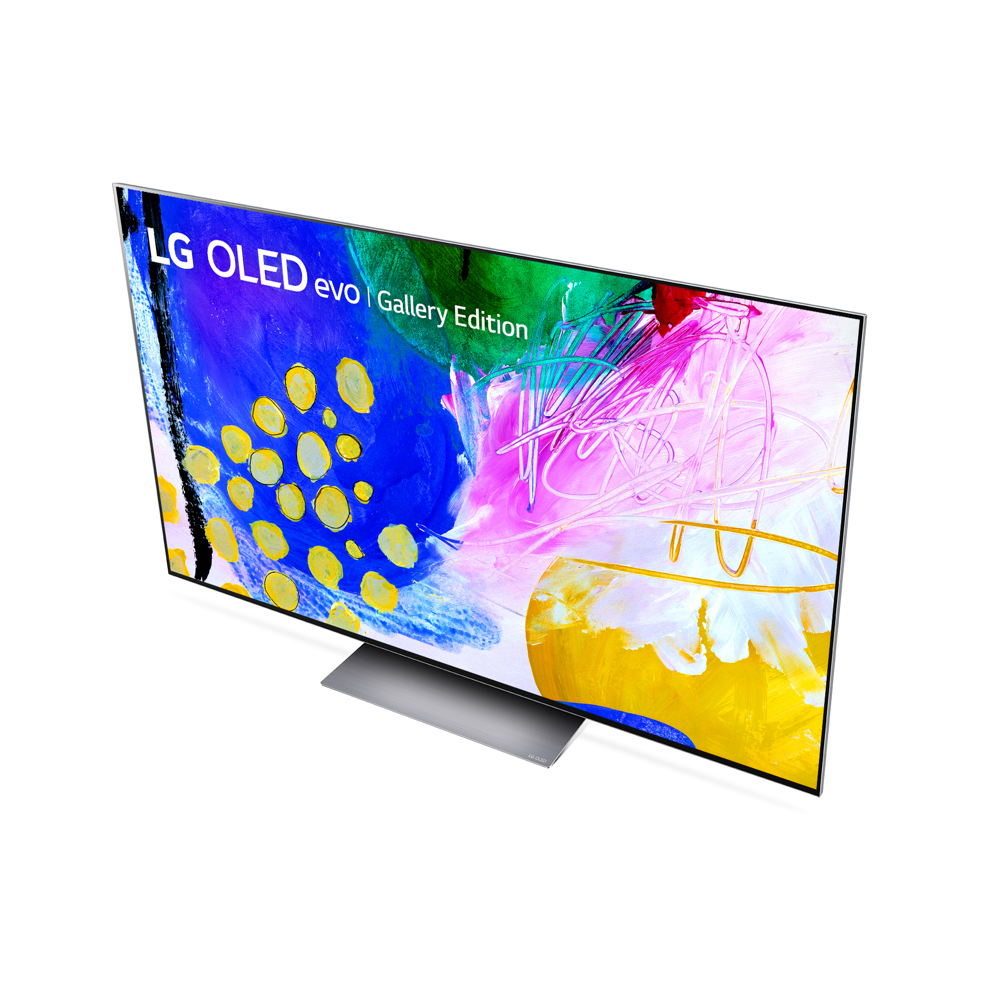 Ein LG OLED evo Gallery Edition Fernseher. Der Bildschirm zeigt ein abstraktes Gemälde mit blauen, rosa, gelben und weißen Strichen.