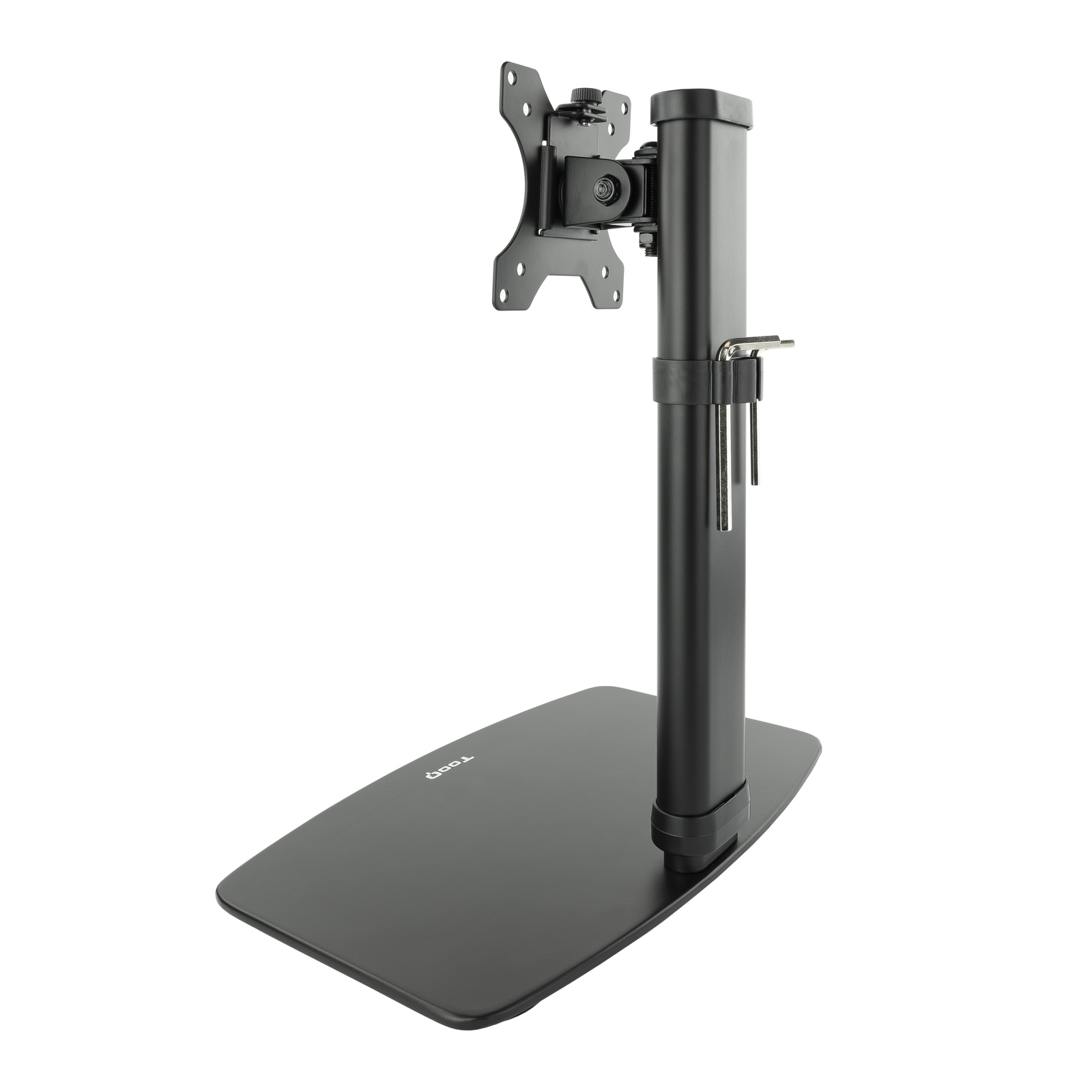 Un soporte negro para monitor con base, poste vertical y soporte para montar el monitor. Aislado sobre fondo blanco.