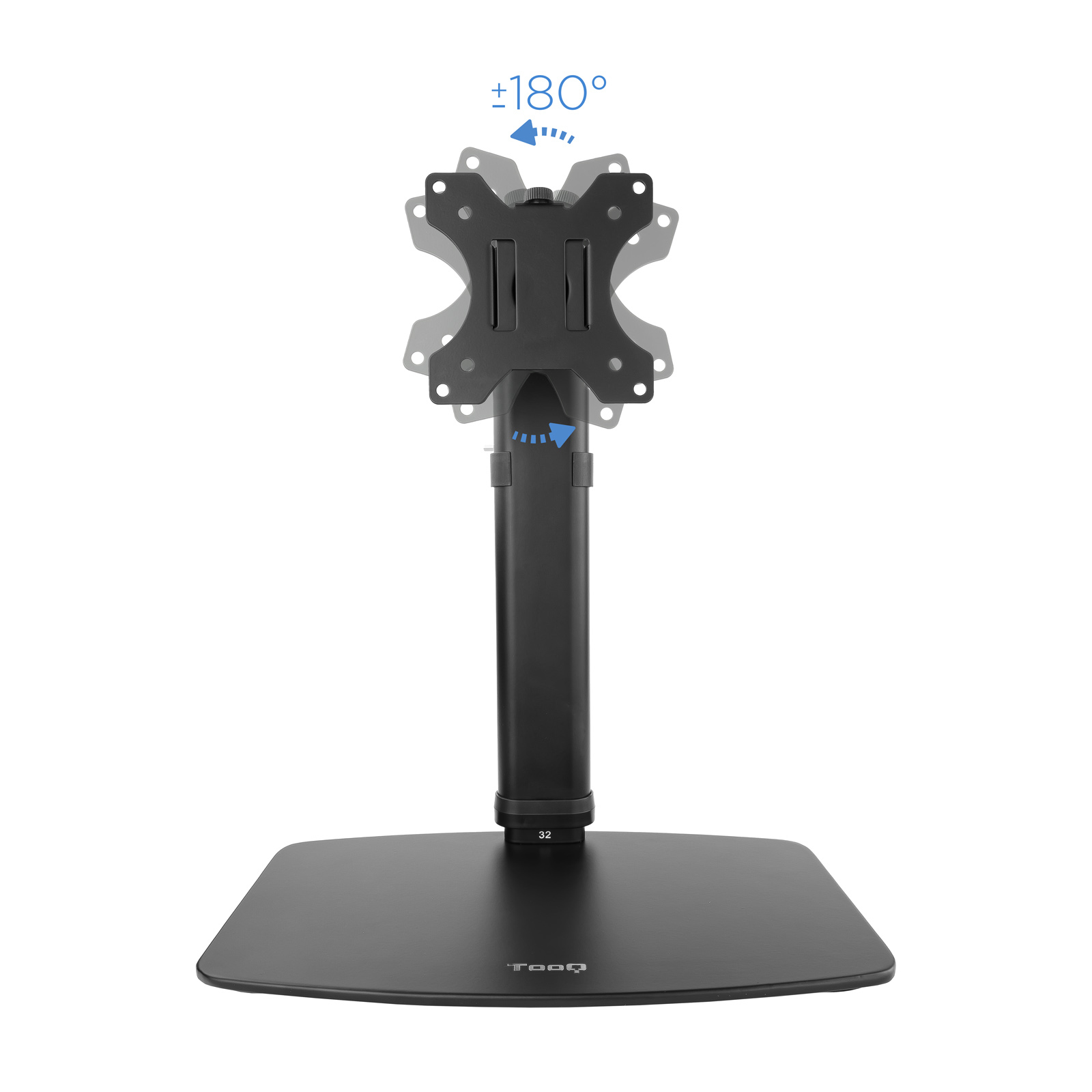Un soporte negro para monitor. El soporte es ajustable, con una base, un poste vertical y un soporte para el monitor.
