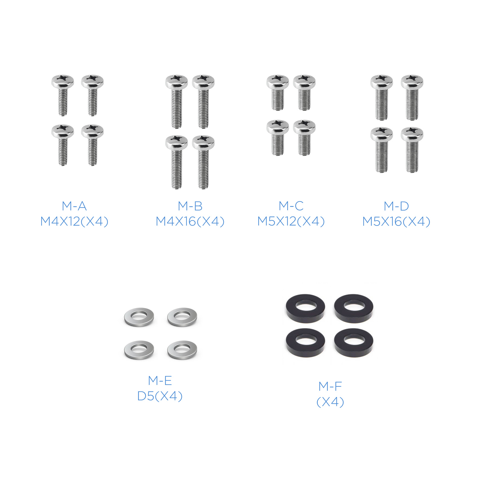 La imagen muestra varios tornillos, arandelas y anillos de goma etiquetados de M-A a M-F, con especificaciones.