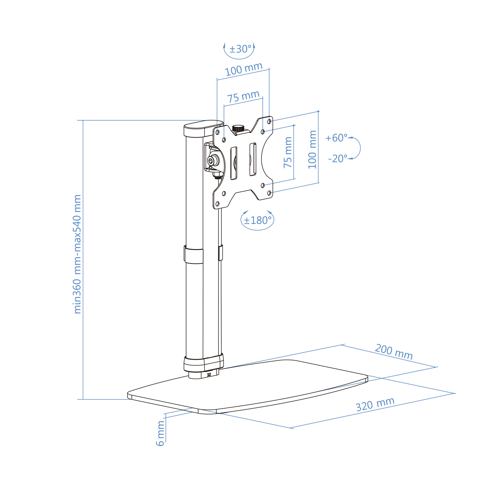 Diagrama de un soporte para monitor con dimensiones etiquetadas en milímetros y ángulos. Tiene una base, un poste y un soporte.