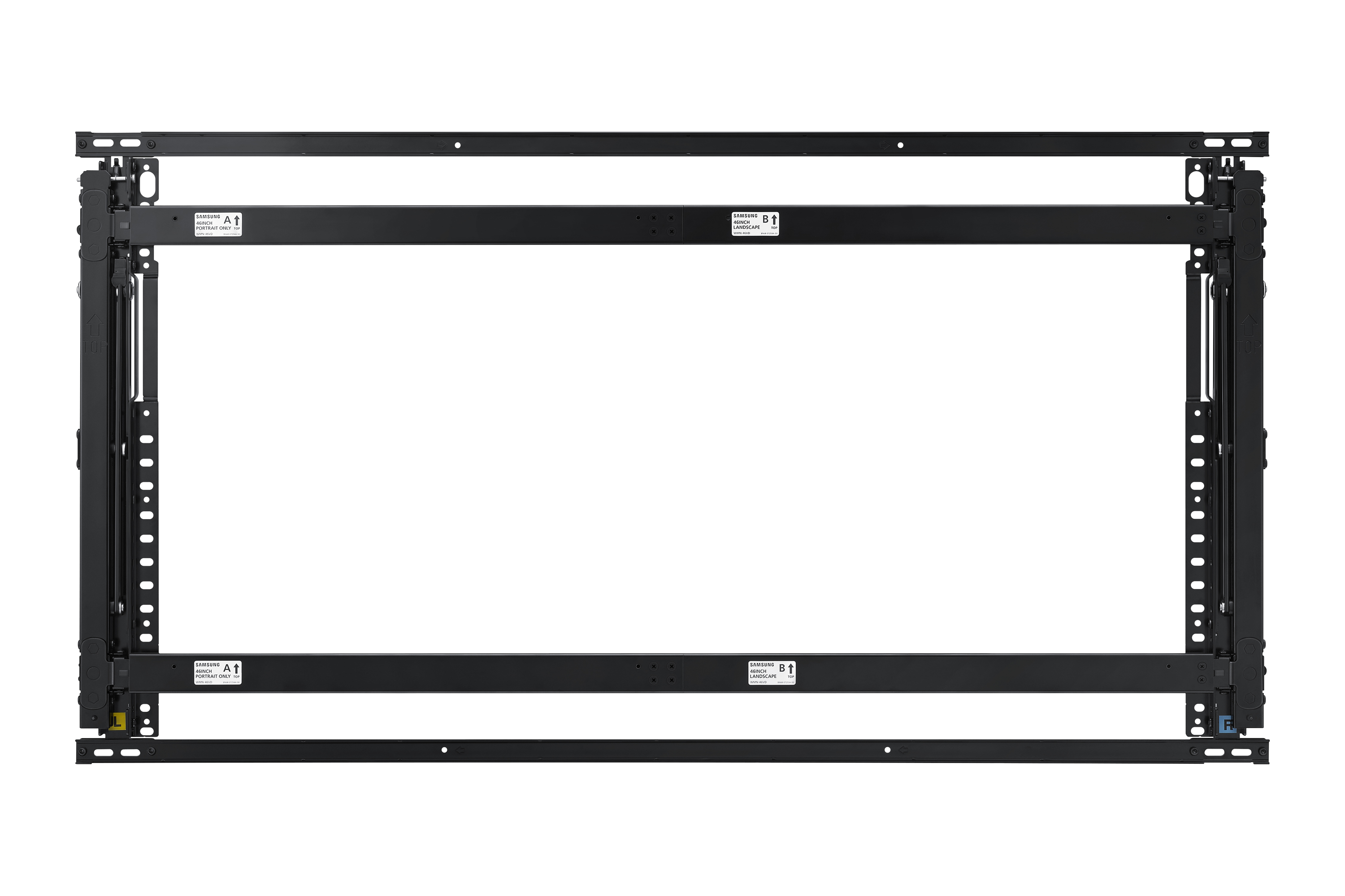 Een zwart metalen frame met het Samsung-logo en labels voor portret- en landschapsoriëntaties, op een witte achtergrond.