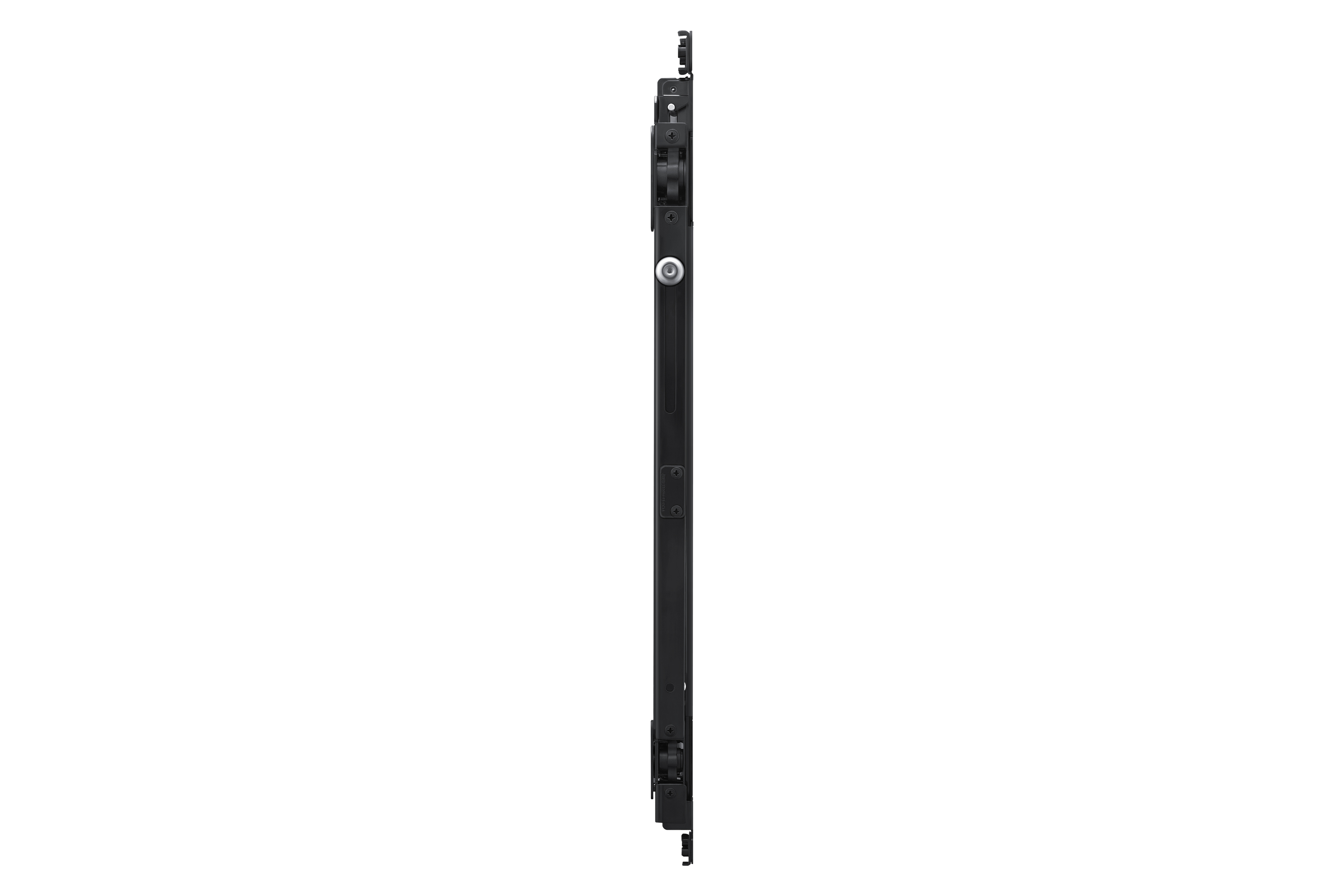 Un marco metálico vertical largo y negro. Tiene tornillos, bisagras y otras piezas mecánicas. Fondo blanco.