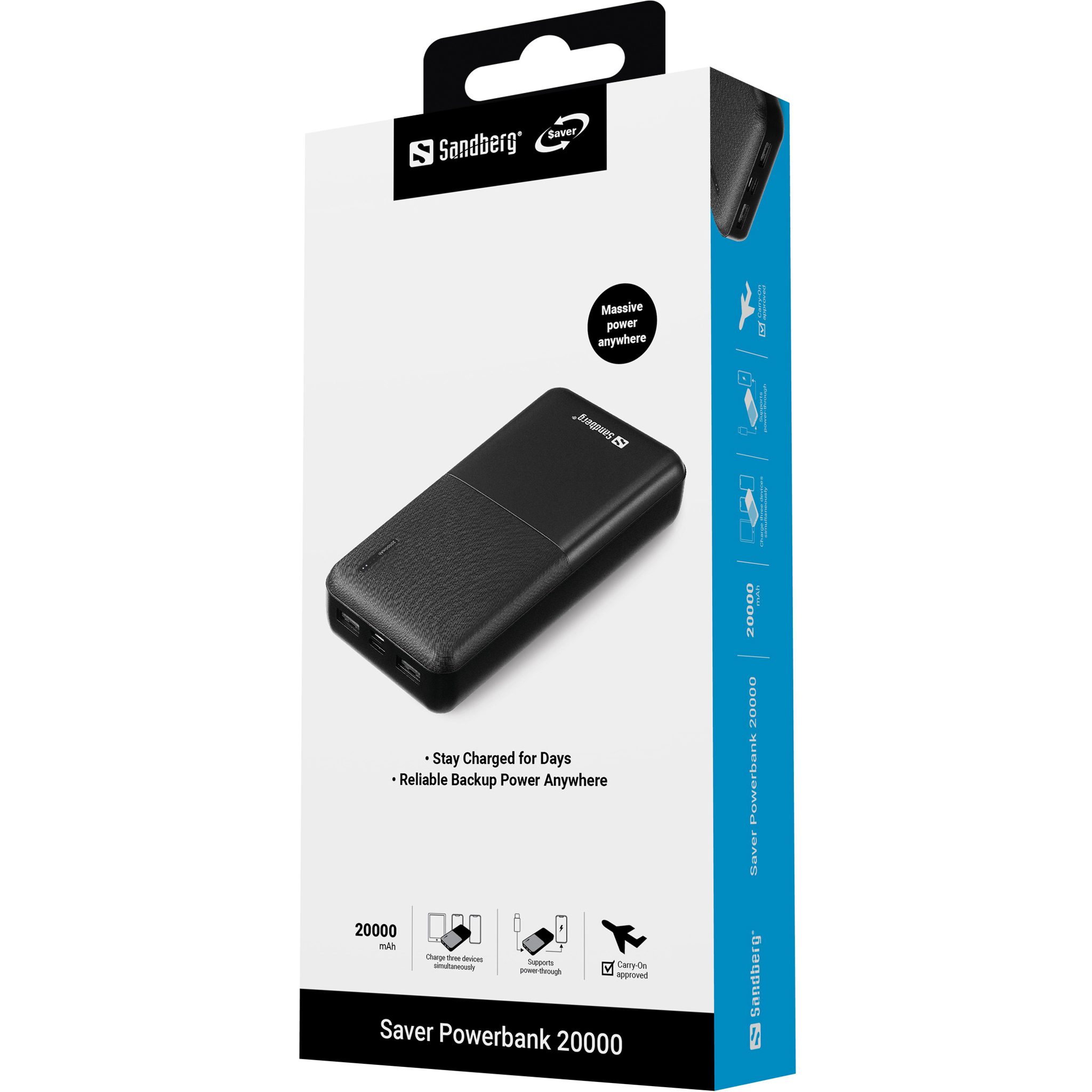Eine Sandberg Saver Powerbank 20000 Box. Sie hat eine schwarze Powerbank. Text beinhaltet 20000 mAh, Carry-On zugelassen.