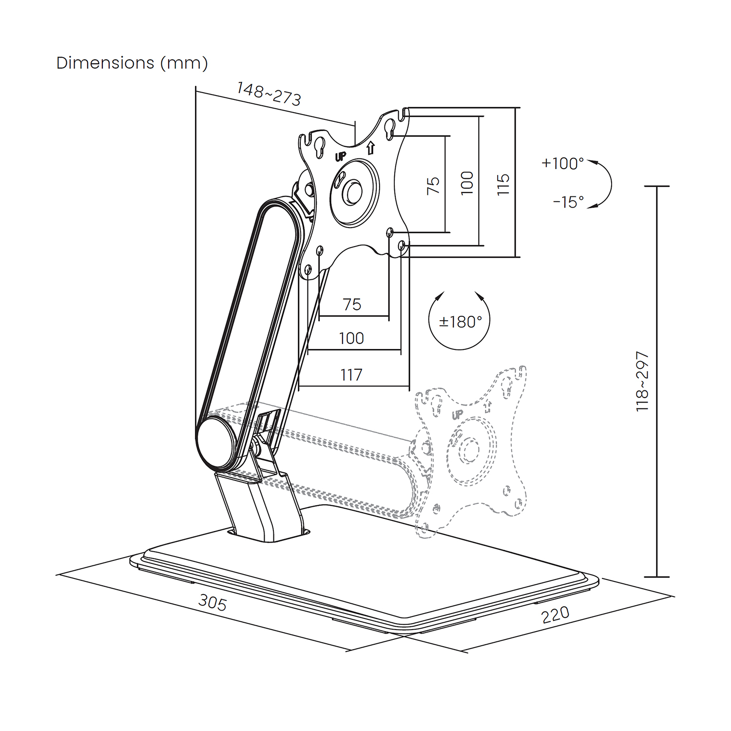 Diagramma di un supporto per monitor con dimensioni espresse in millimetri. Include misure di altezza, larghezza e angoli di rotazione.