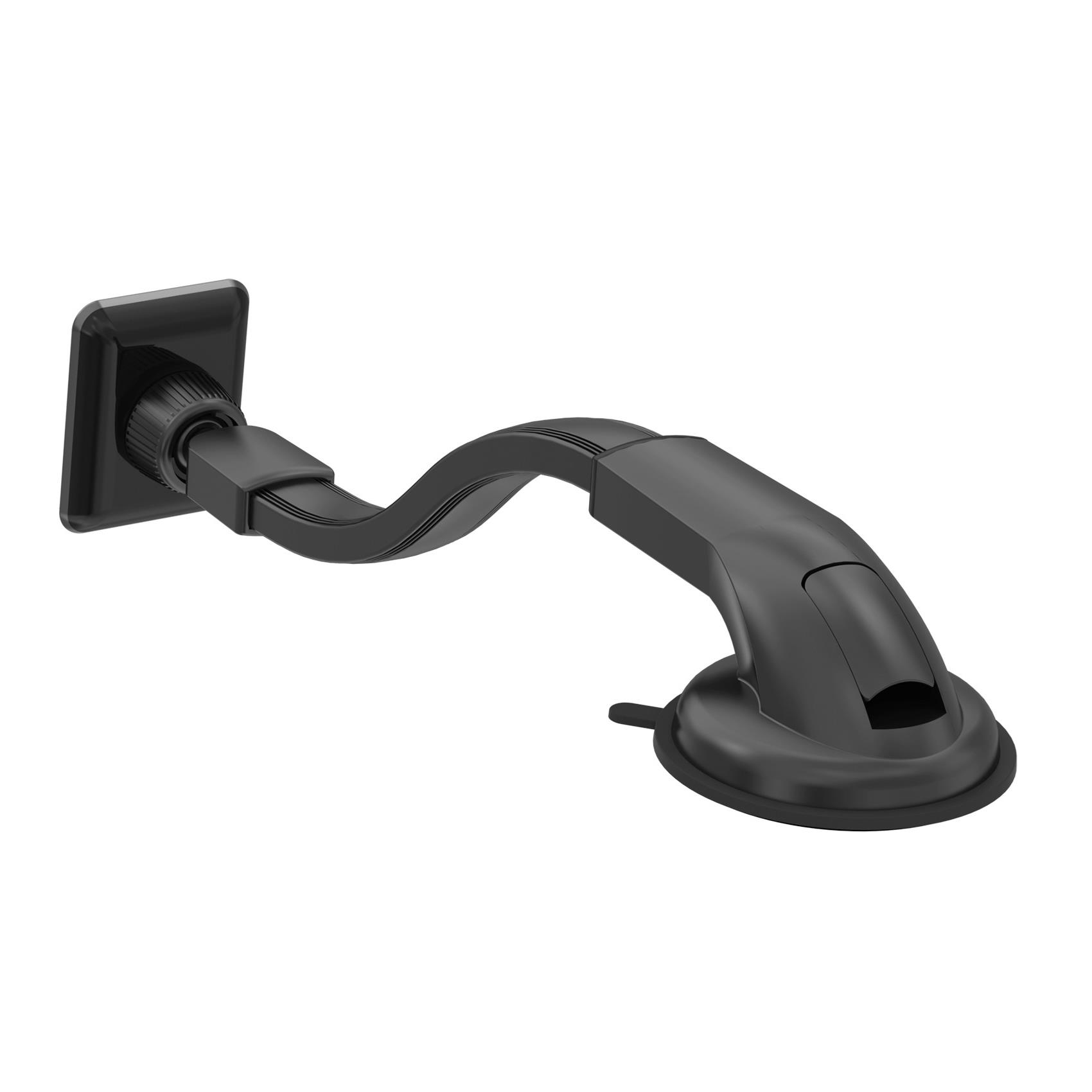 Ein schwarzer Autotelefonhalter. Er hat eine quadratische Basis, einen gebogenen Arm und einen Saugnapf.