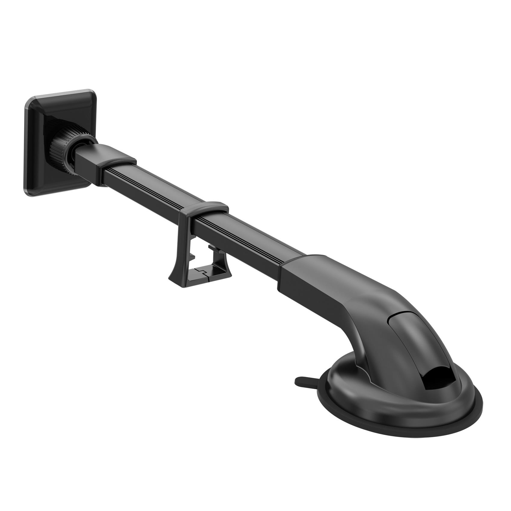 Ein schwarzer Autotelefonhalter. Er hat einen Saugnapf und einen verstellbaren Arm.
