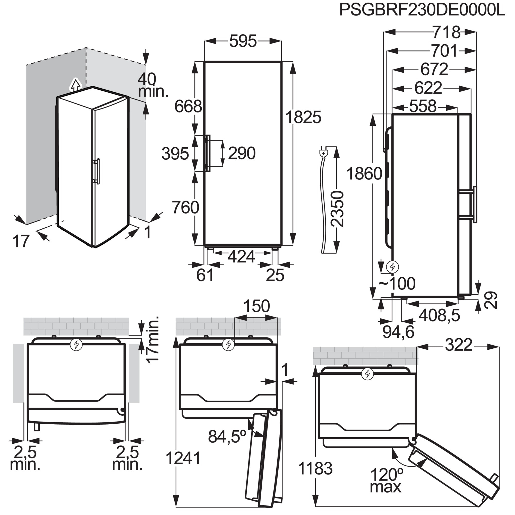 Dibujo técnico de un refrigerador con dimensiones en mm. Muestra vistas frontal, lateral y superior.
