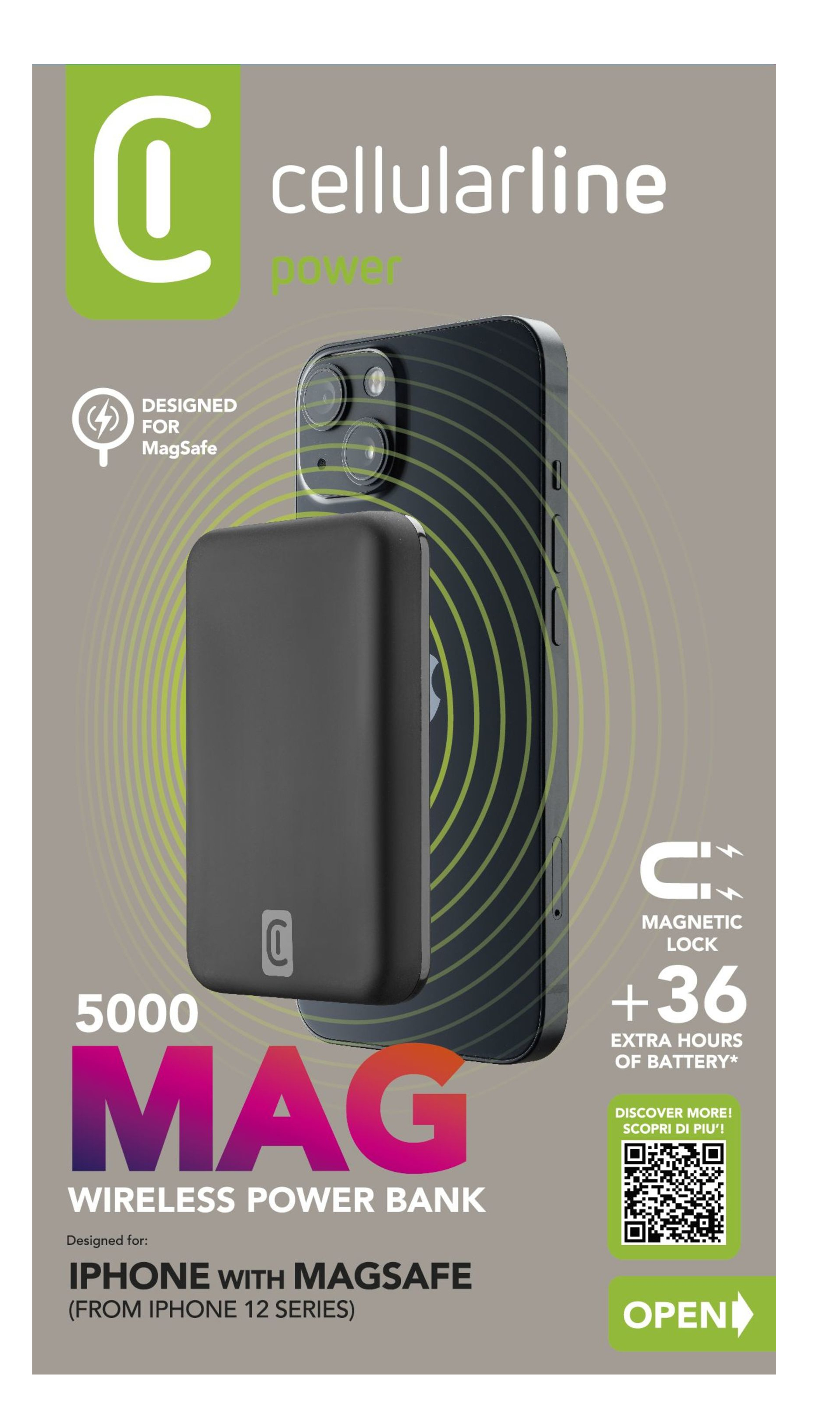 Banco de energía negro adjunto a un iPhone negro. El texto dice 'MagSafe Wireless Power Bank'. Acentos verdes y morados.