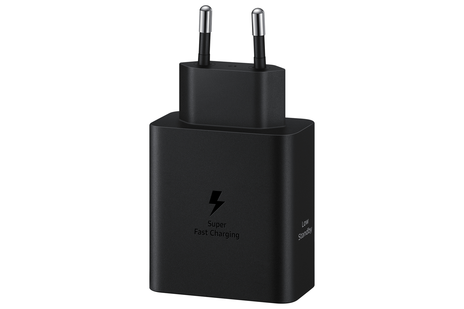 Un adaptateur noir Samsung Super Fast Charging avec deux broches argentées. Il a un logo éclair et les mots 'Super Fast Charging'.
