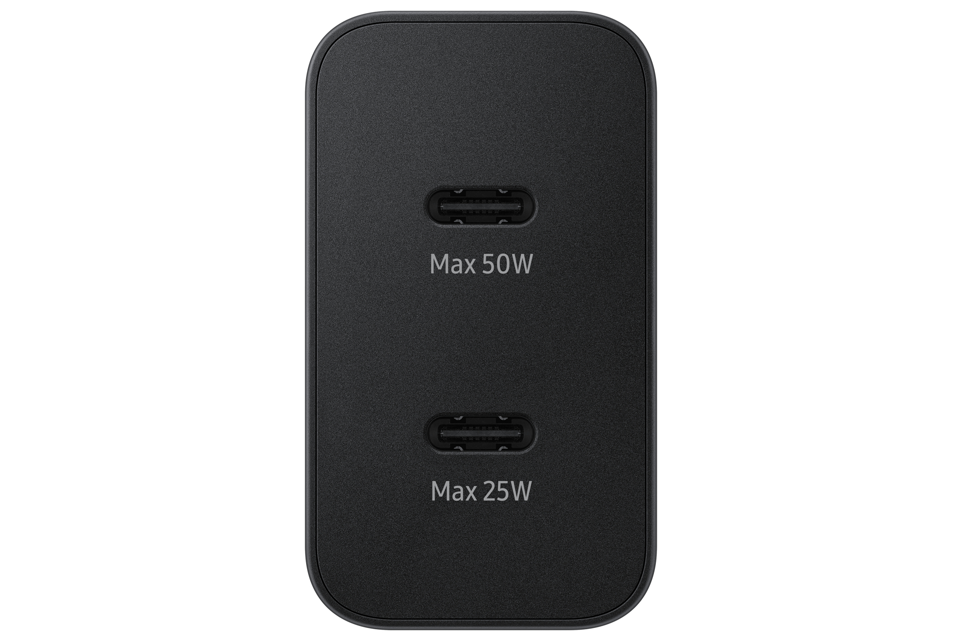 Un chargeur rectangulaire noir avec deux ports USB-C étiquetés Max 50W et Max 25W. Fond blanc.