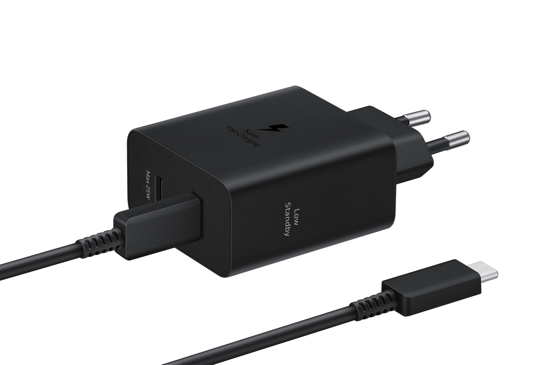 Chargeur rapide Samsung noir avec deux câbles. Un câble est connecté, l'autre est libre.