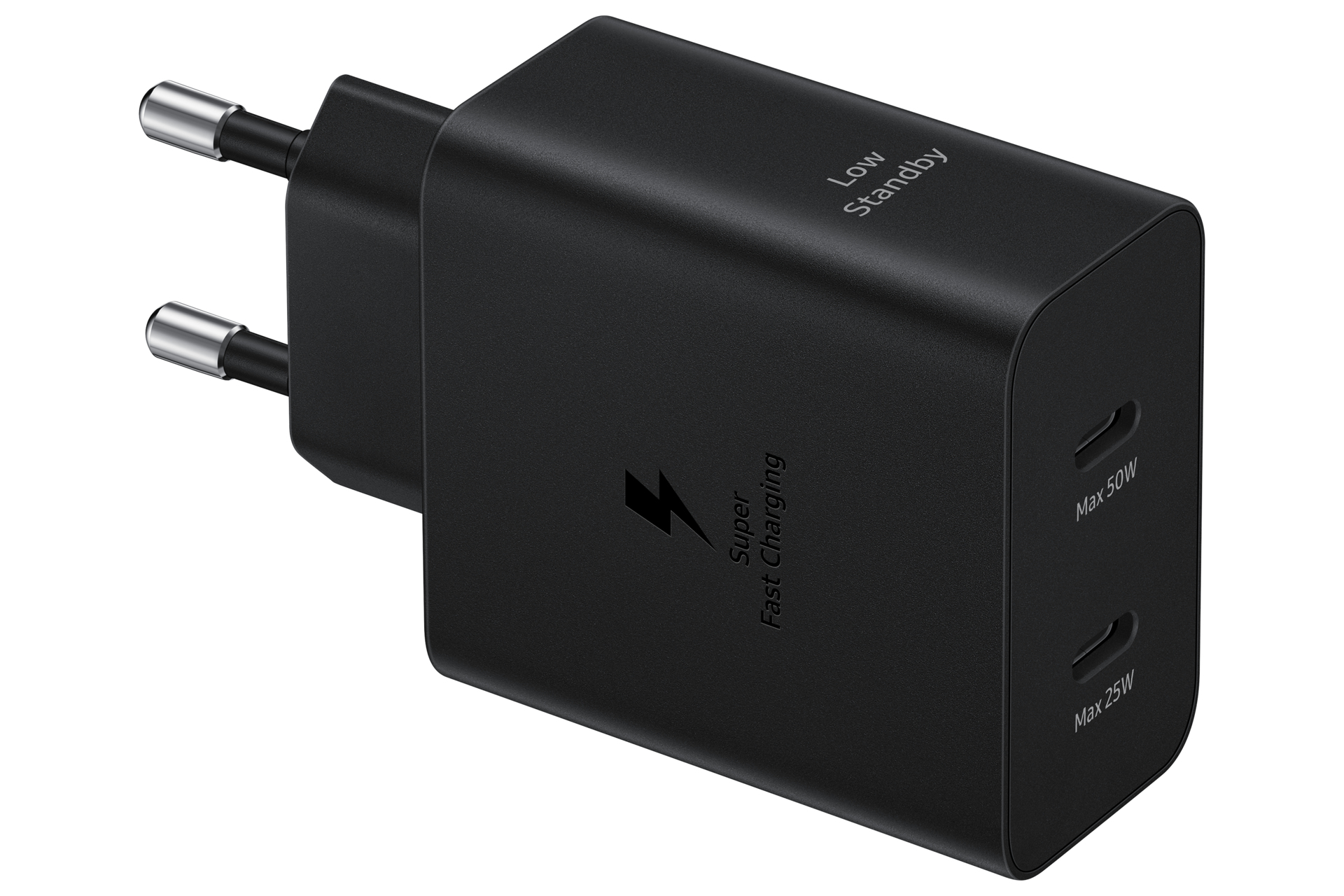 Un adaptateur noir Samsung Super Fast Charging avec deux broches et deux ports de sortie, étiquetés Max 50W et Max 25W.