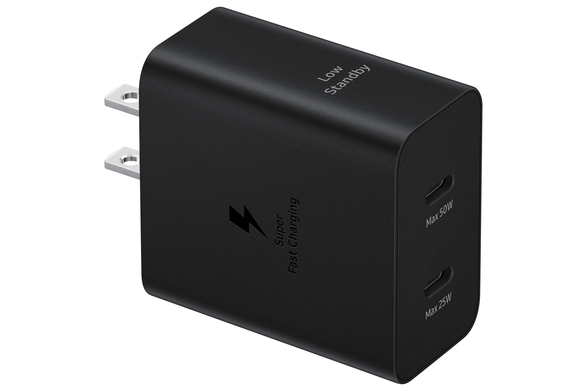 Adaptateur de charge rapide Super Fast Charging noir Samsung. Il possède deux ports USB-C, des indicateurs d'alimentation et une prise US.