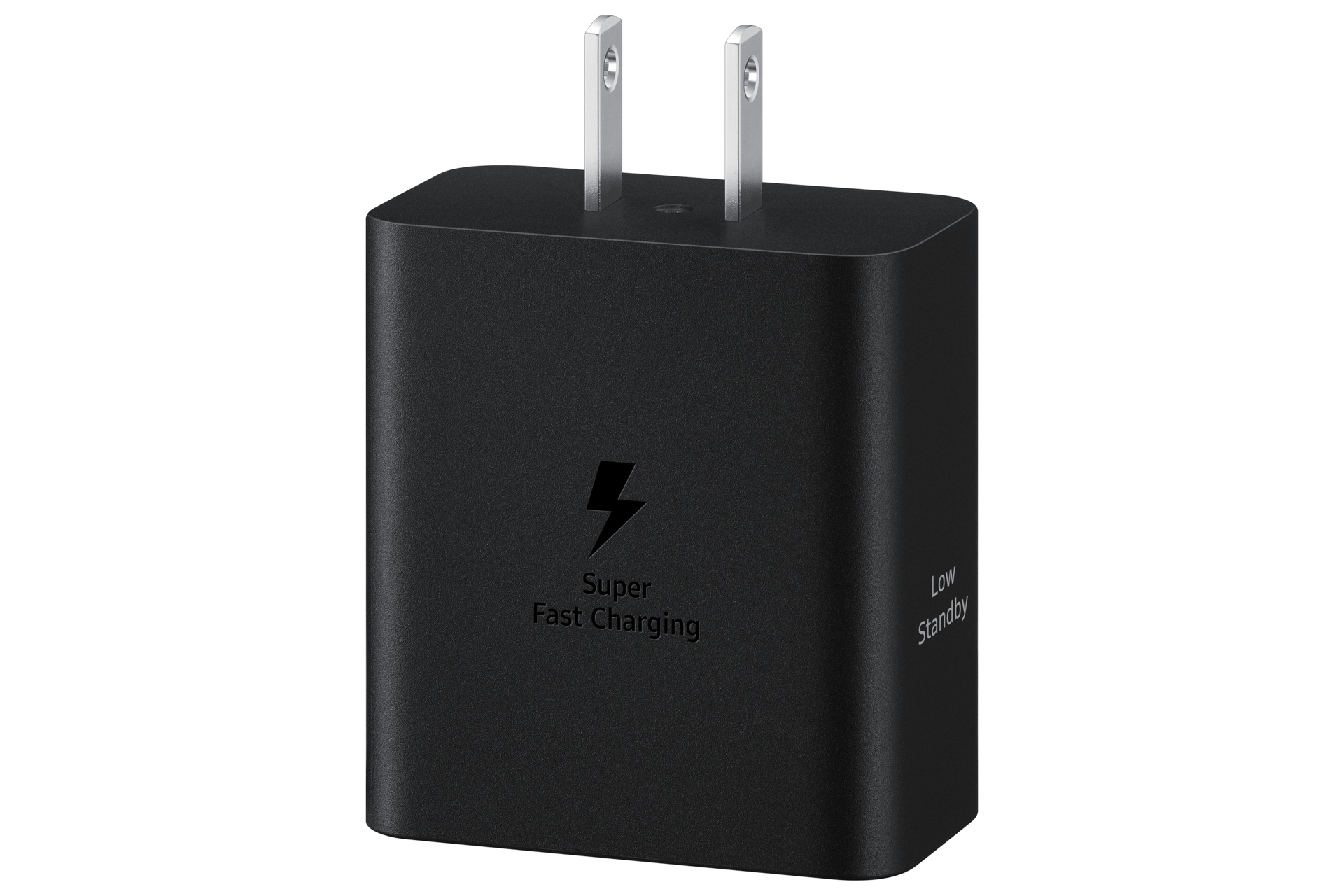 Un adaptateur noir Samsung Super Fast Charging avec prise américaine. Comprend un éclair et le texte 'Super Fast Charging'.